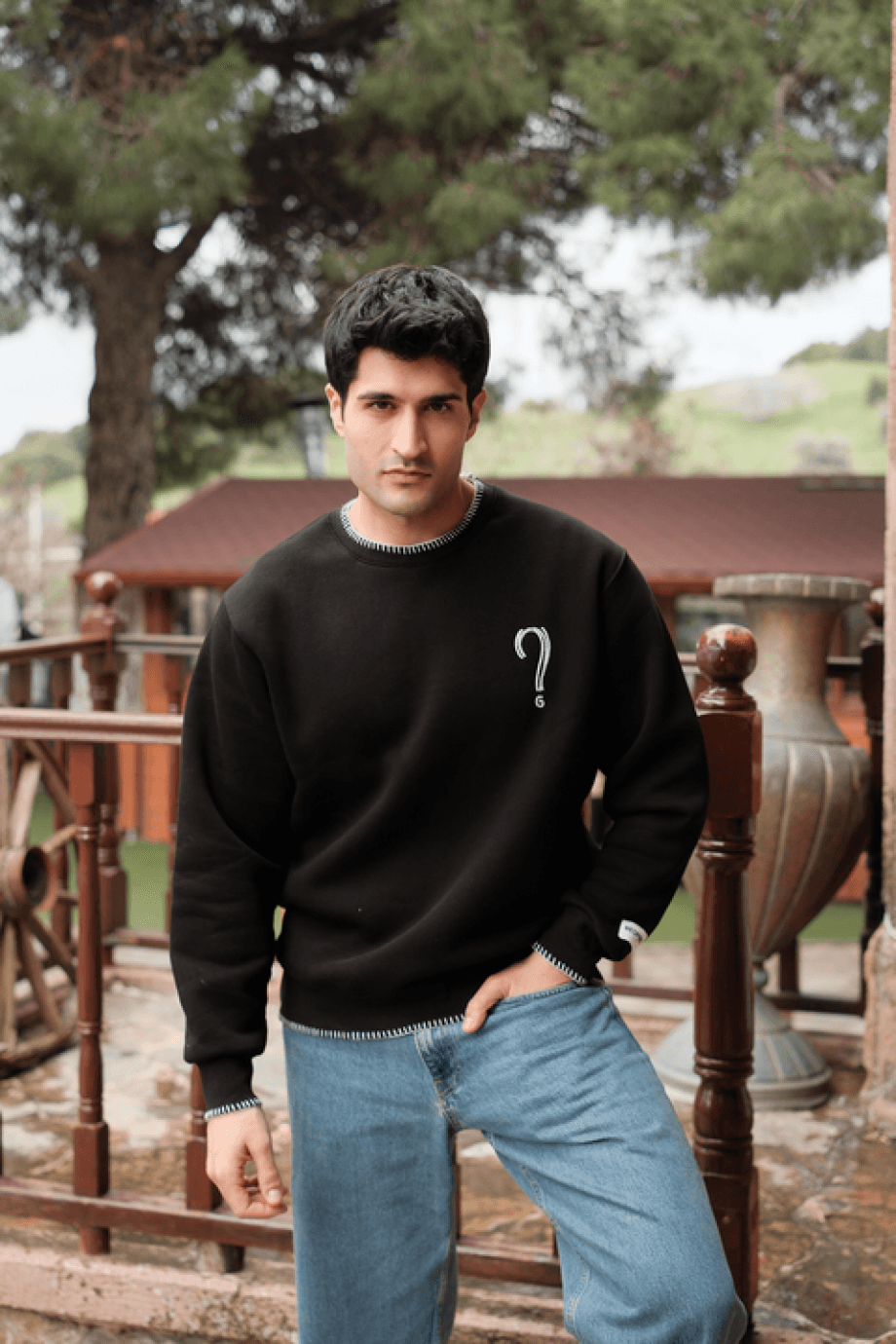 Siyah Soru İşareti Baskı Sweatshirt