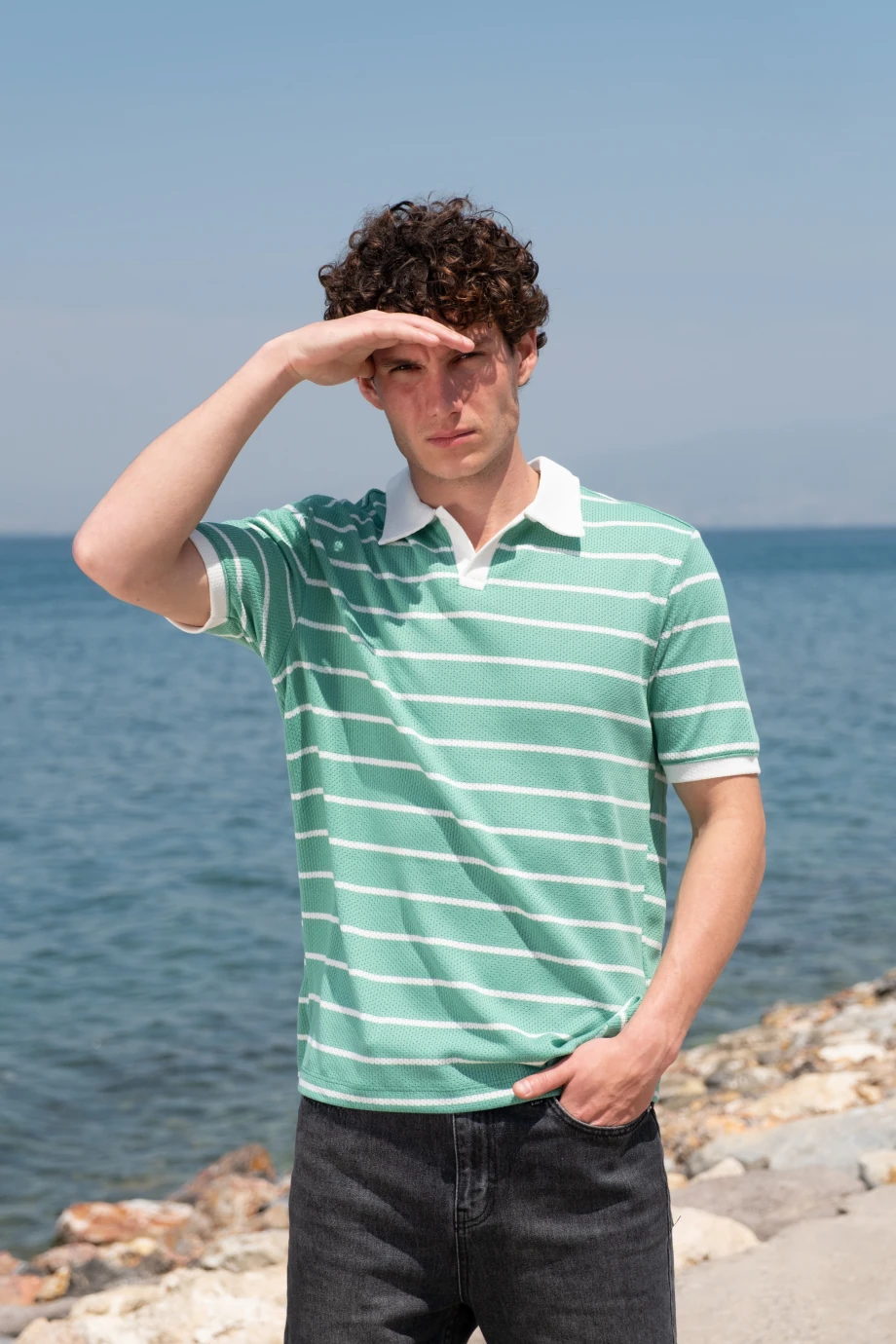 POLO YAKA ÇİZGİLİ KISA KOL TRİKO -YEŞİL