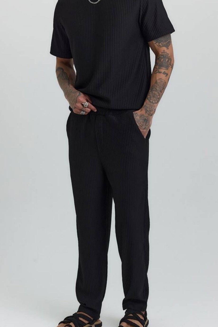 BELDEN LASTİKLİ KORDONLU DOKUMA PANTALON- SİYAH