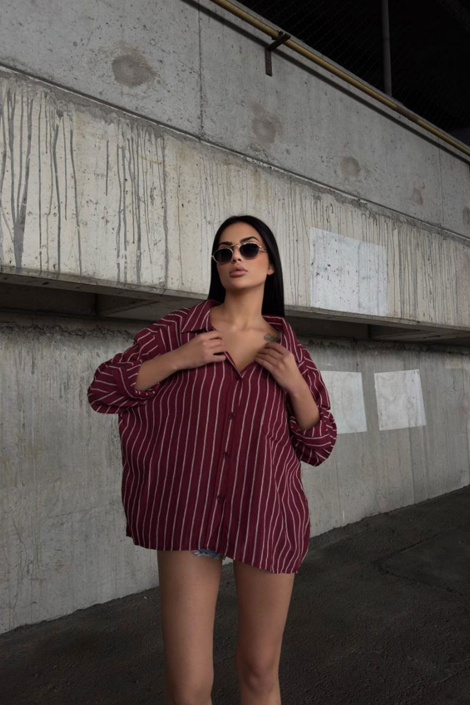 ZARA MODEL ÇİZGİLİ GÖMLEK-BORDO