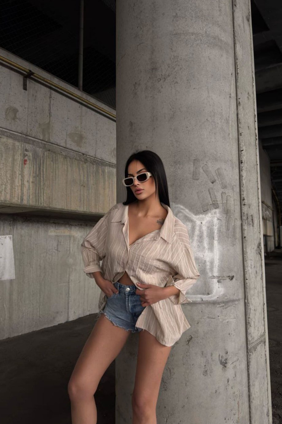 ZARA MODEL ÇİZGİLİ GÖMLEK-BEJ