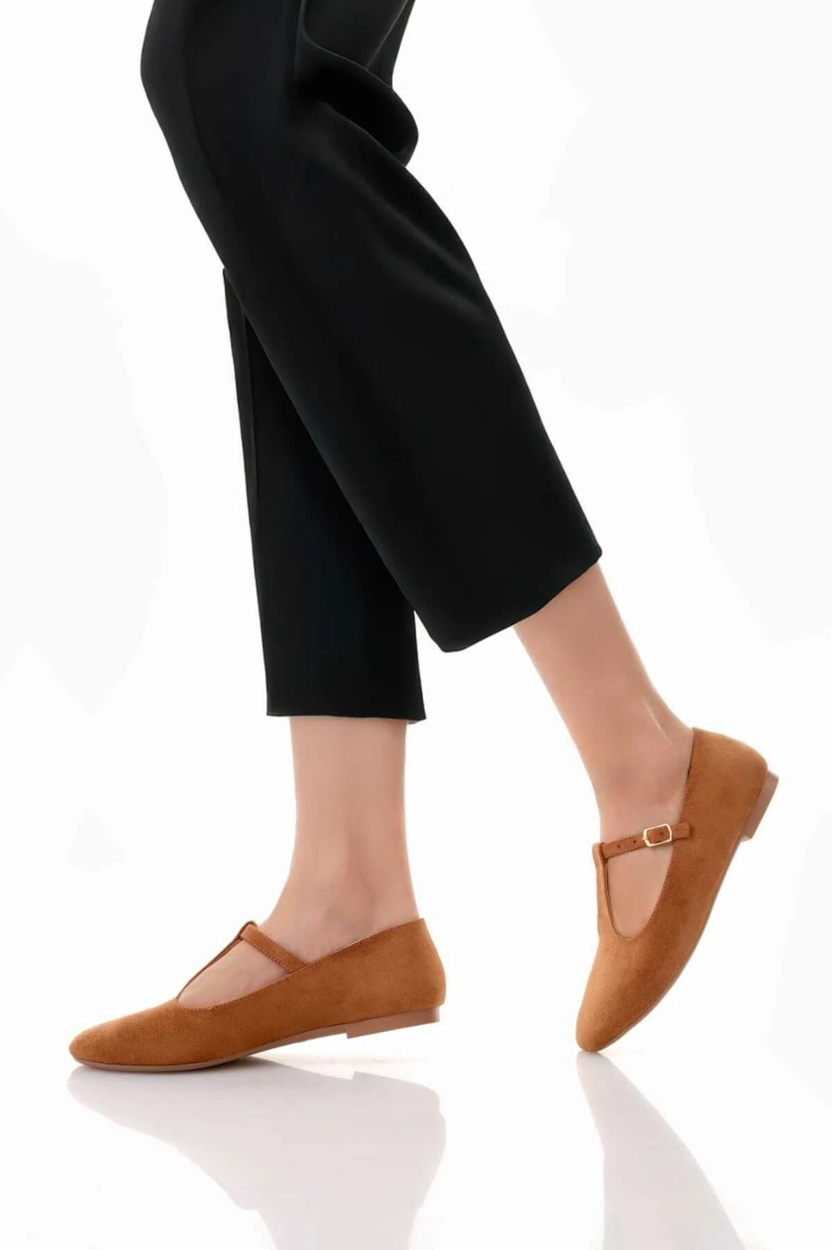 Siyah Süet T-Strap Mary Jane Tasarım Babet - Taba Tarçın