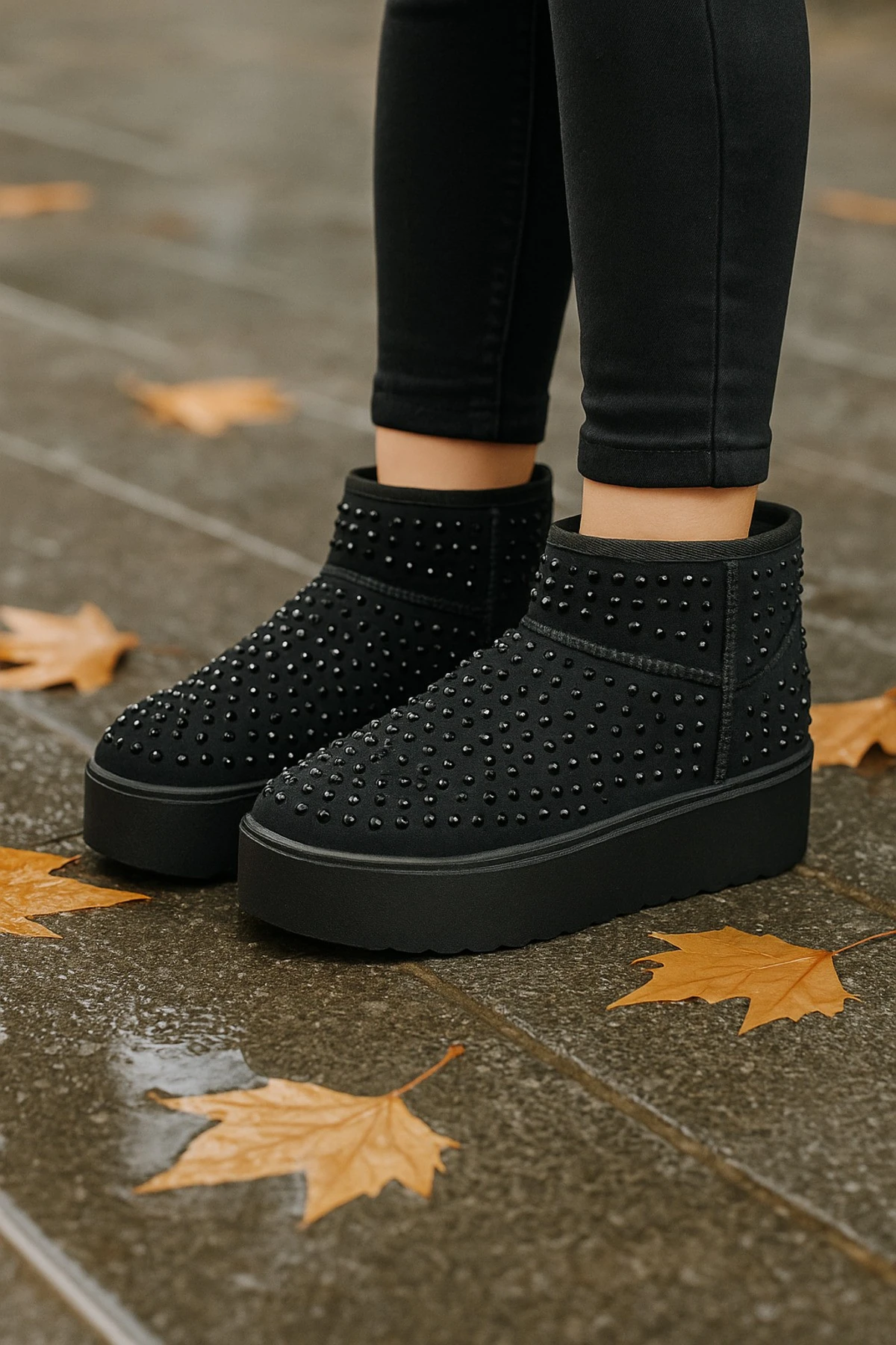 Siyah Taşlı İçi Tüylü Kürklü Peluş Kadın Platform Bot Mını Dıpper 1168170