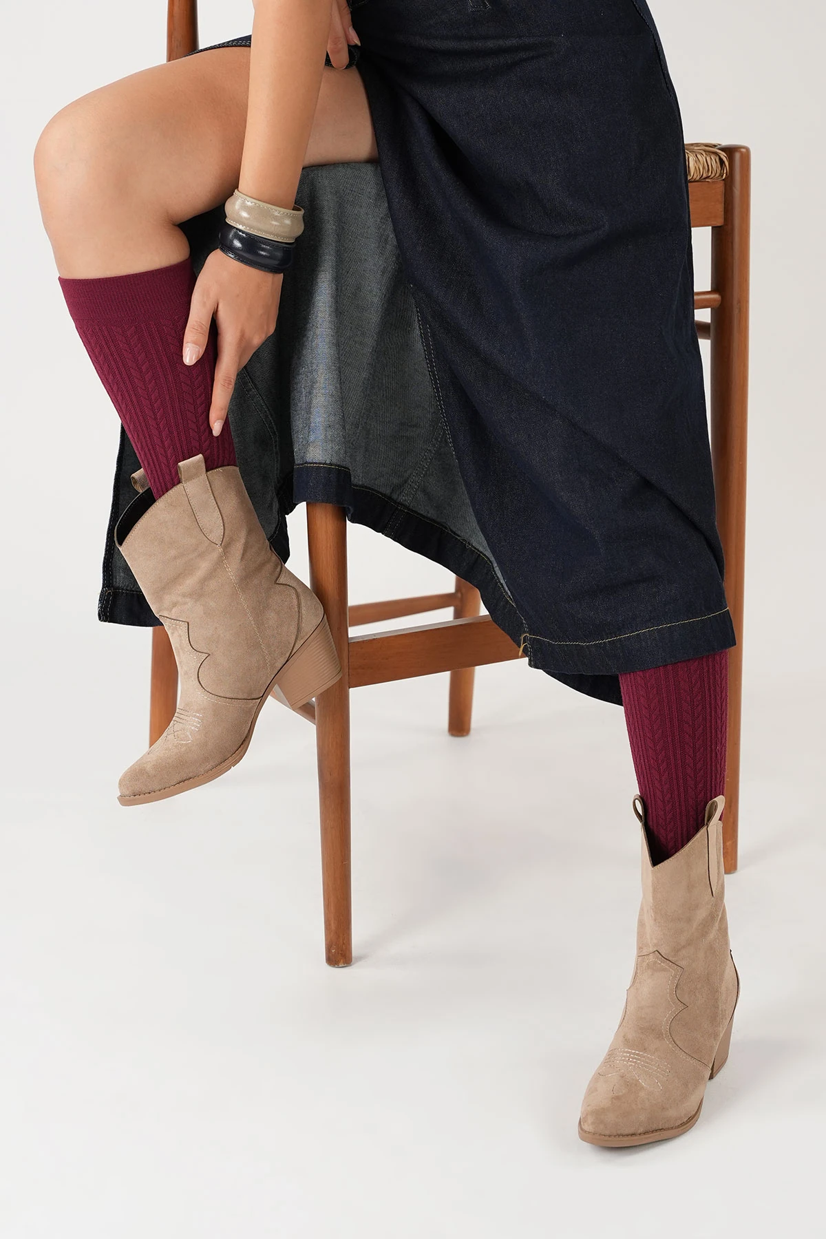 Bej Süet Kadın Kısa Kovboy Kanvas Western Bot - Vizon Kum Süet