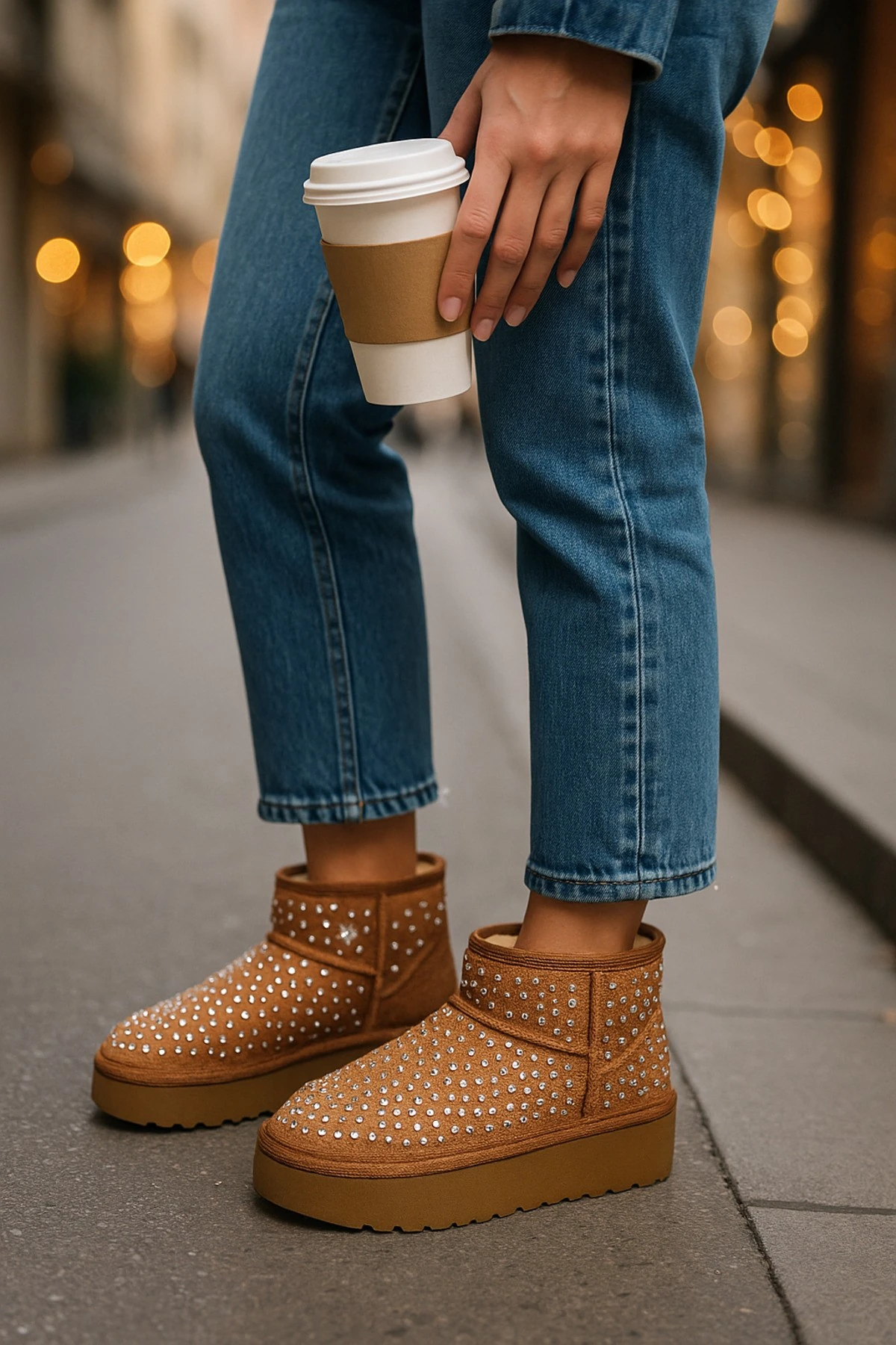 Siyah Taşlı İçi Tüylü Kürklü Peluş Kadın Platform Bot Mını Dıpper 1168170 - Tarçın Taba Taşlı