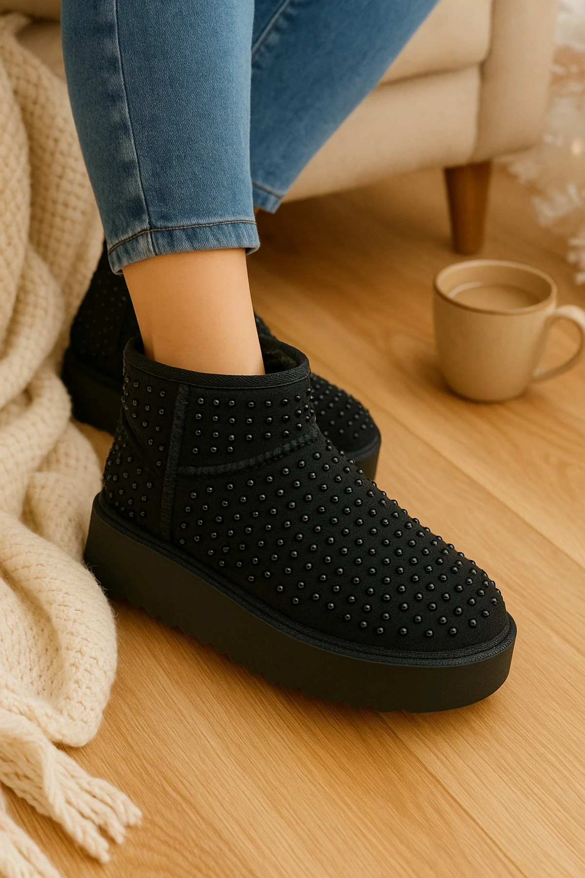 Siyah Taşlı İçi Tüylü Kürklü Peluş Kadın Platform Bot Mını Dıpper 1168170