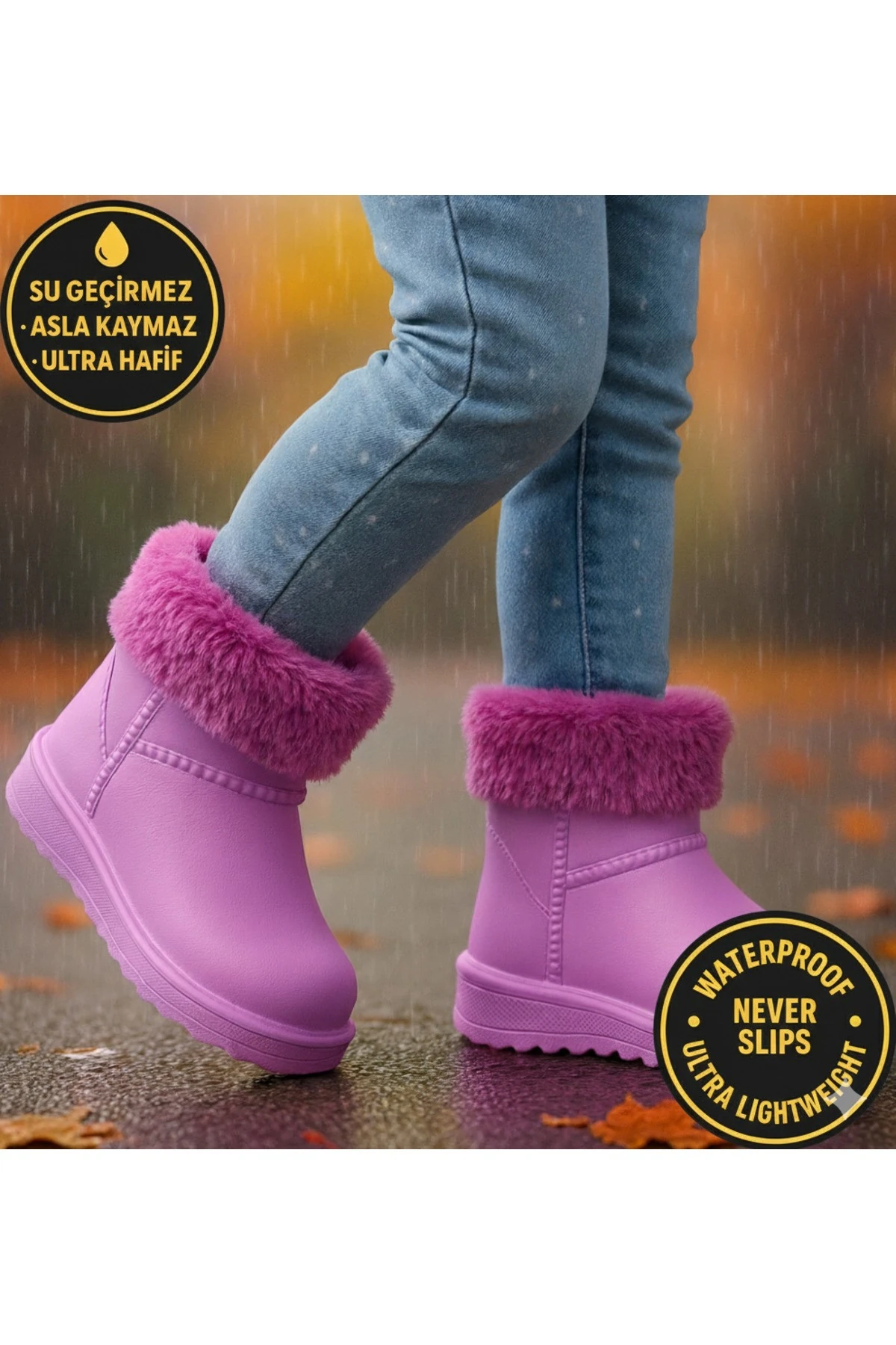 Çocuk Kışlık Kar Yağmur Botu– Su Geçirmez, Peluş Astarlı, EVA W10290-225 Tokio Borreguito Modeli - Mor-Lila