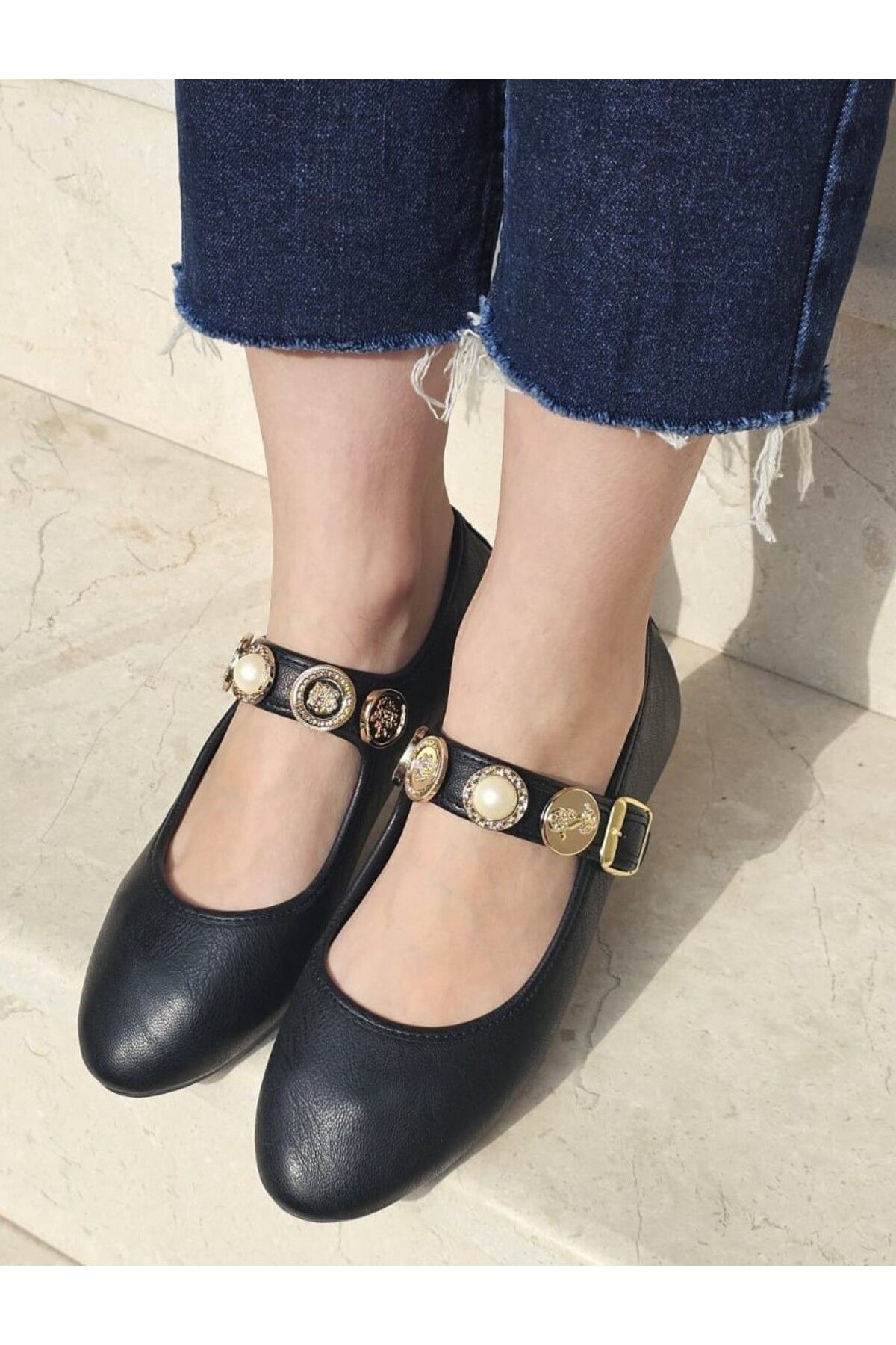 İnci Taşlı Mary Jane Yuvarlak Burun Günlük Trend Rahat Babet - Siyah Cilt