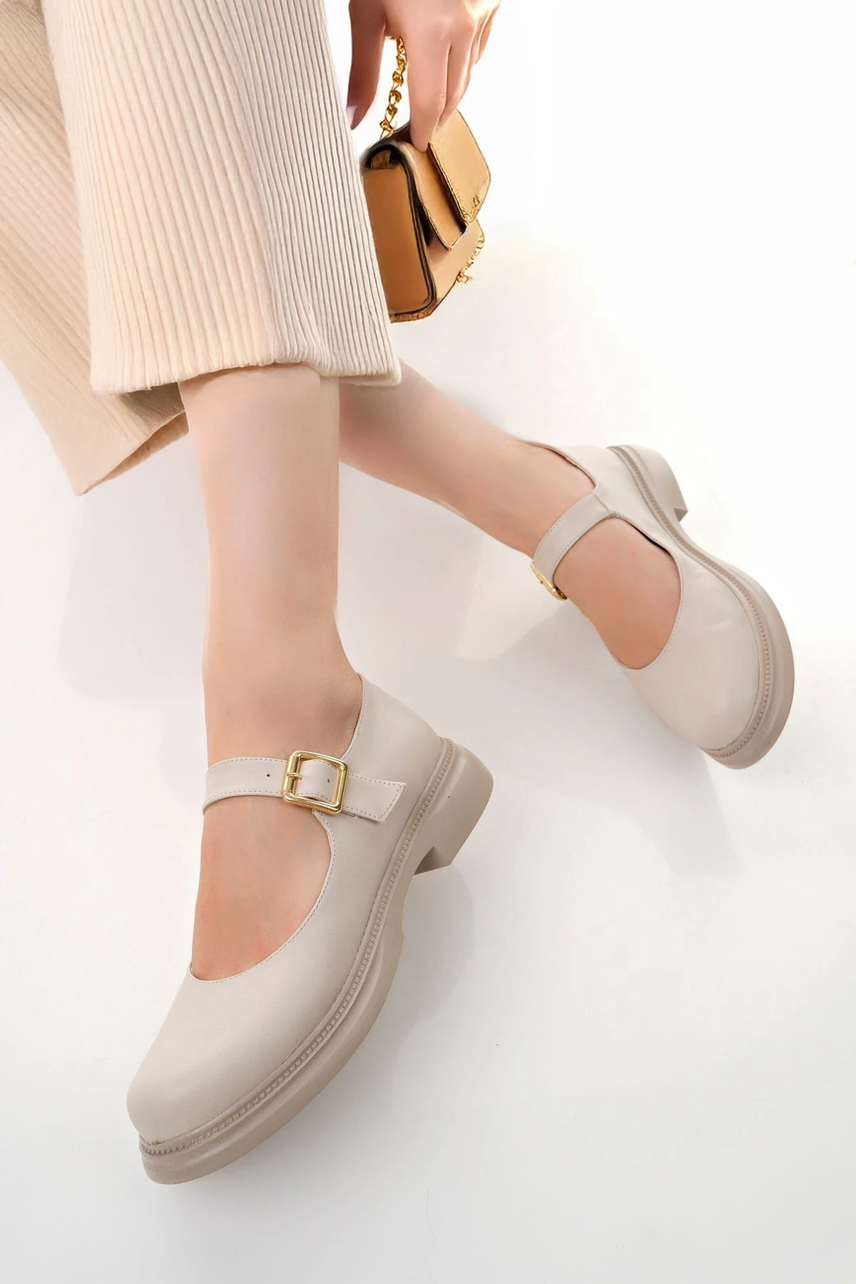 Mary Jane Mokosen Loafer Babet Günlük Rahat Hafif Trend Kemerli Babet Ayakkabı - BEJ