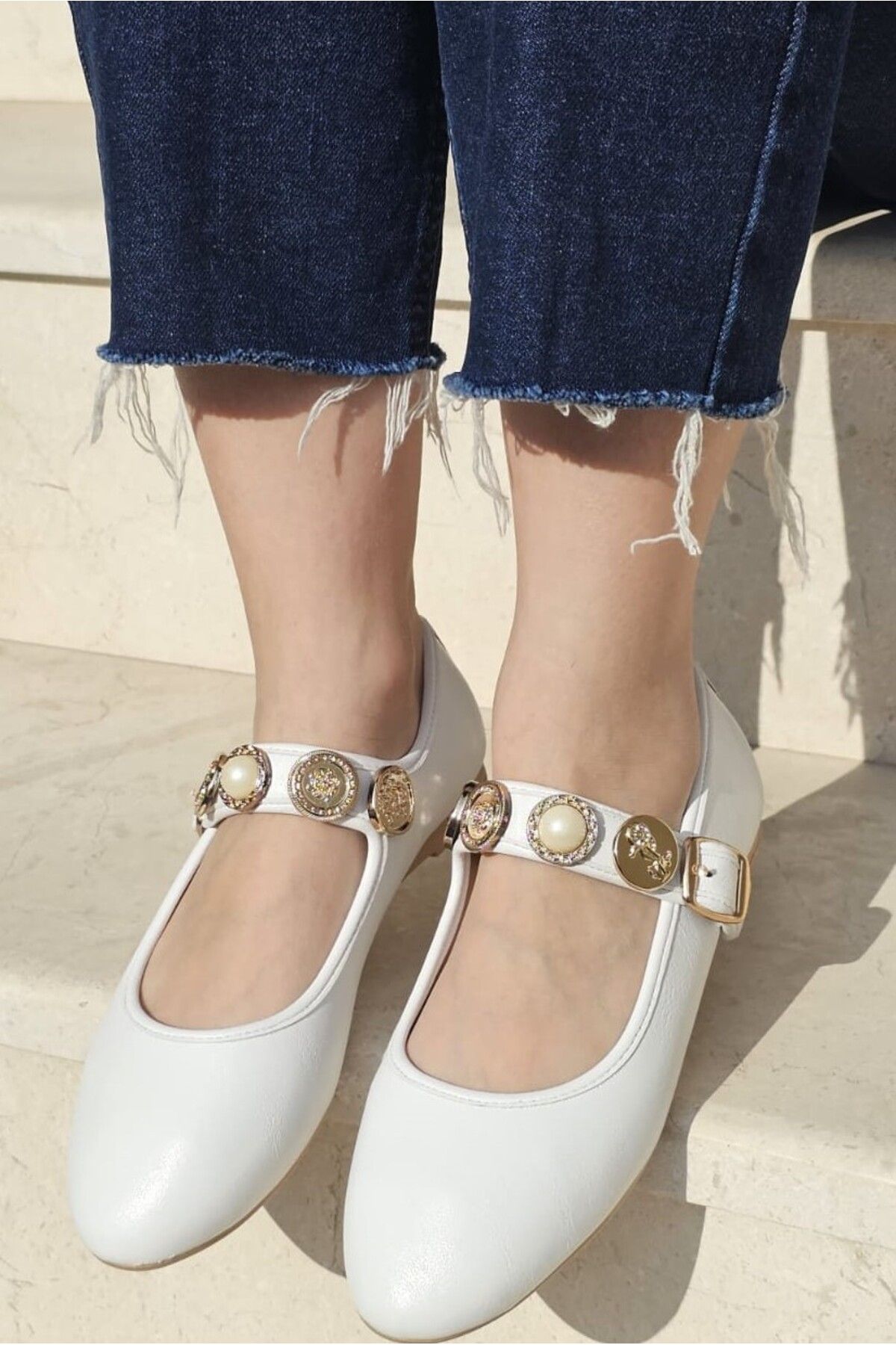 İnci Taşlı Mary Jane Yuvarlak Burun Günlük Trend Rahat Babet - Beyaz Cilt