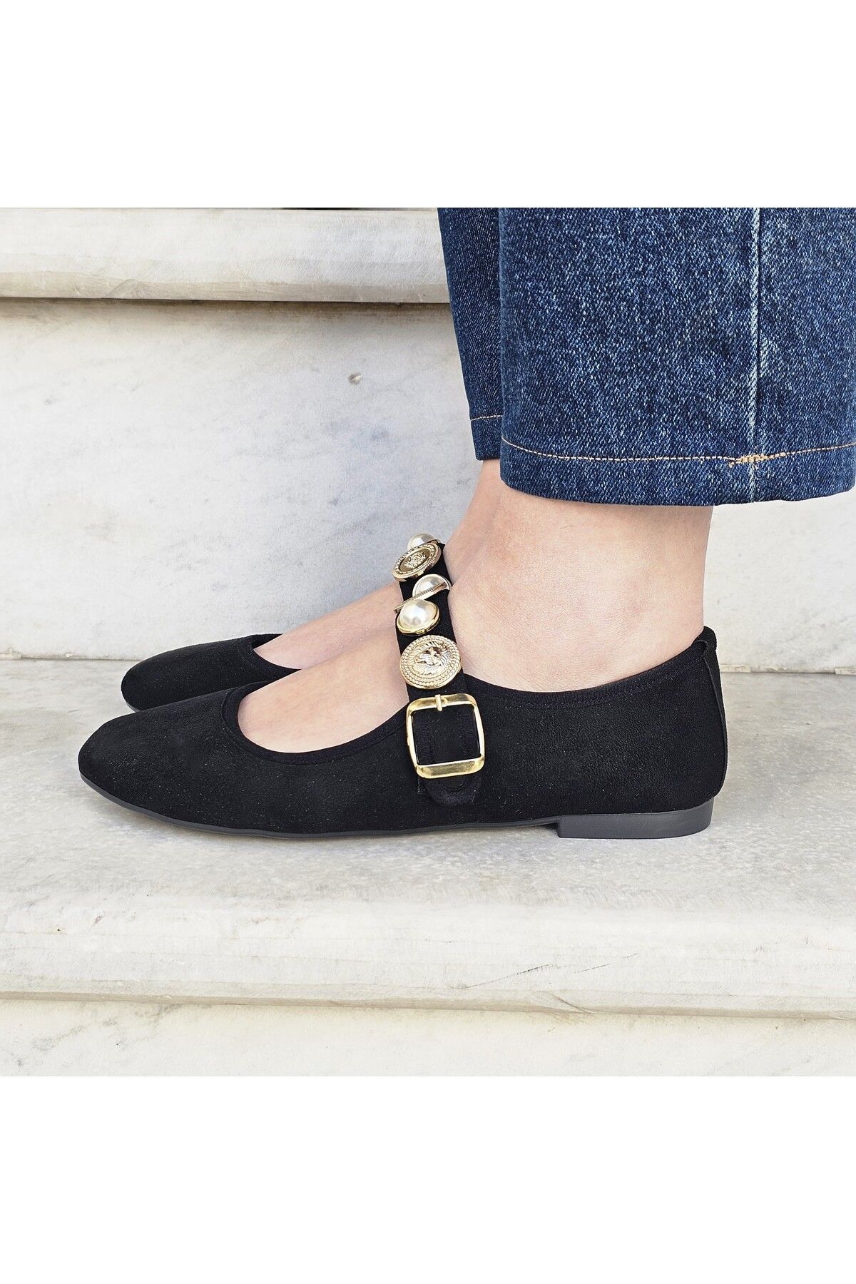 İnci Taşlı Mary Jane Yuvarlak Burun Günlük Trend Rahat Babet - Siyah