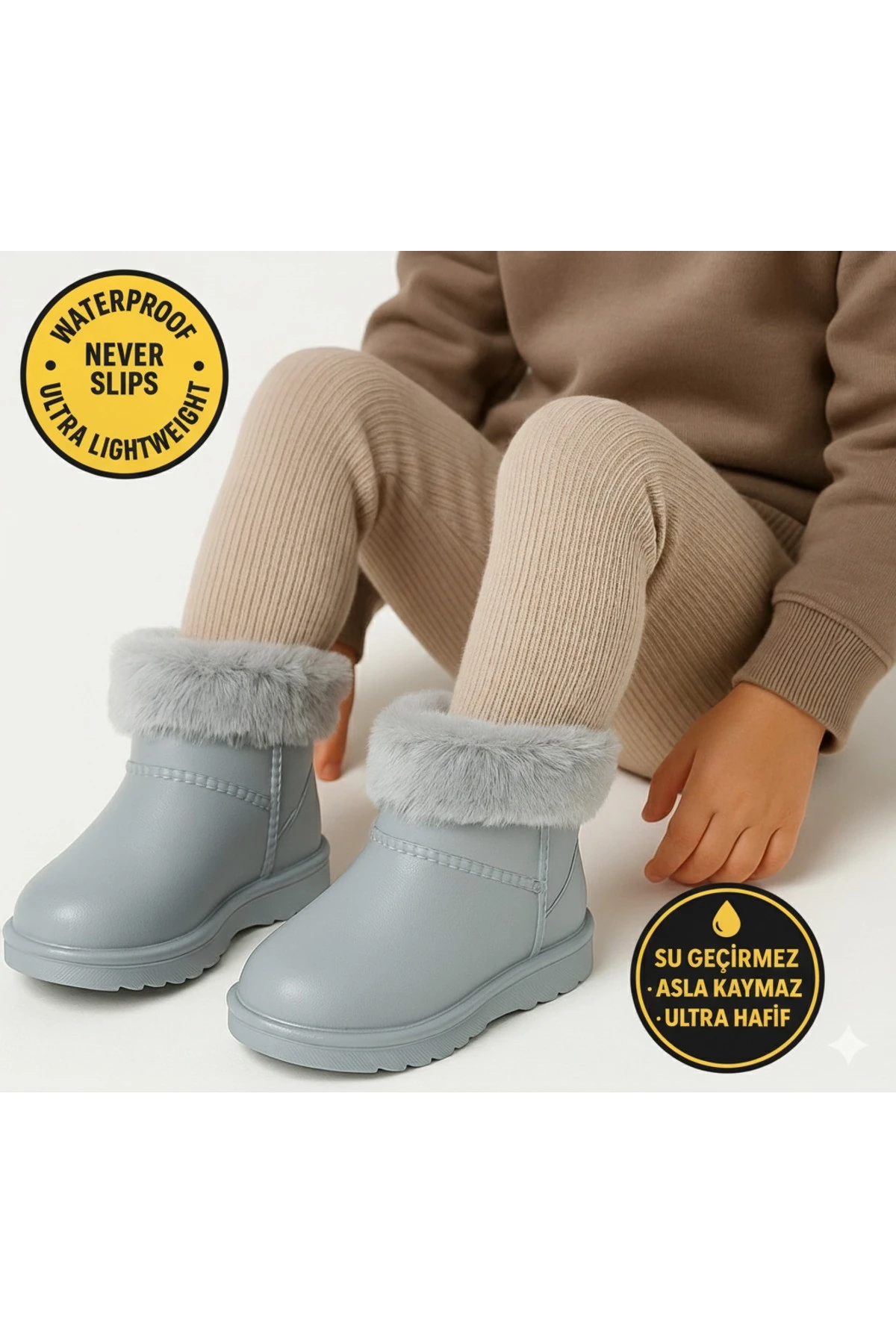 Çocuk Kışlık Kar Yağmur Botu– Su Geçirmez, Peluş Astarlı, EVA W10290-225 Tokio Borreguito Modeli - Gri