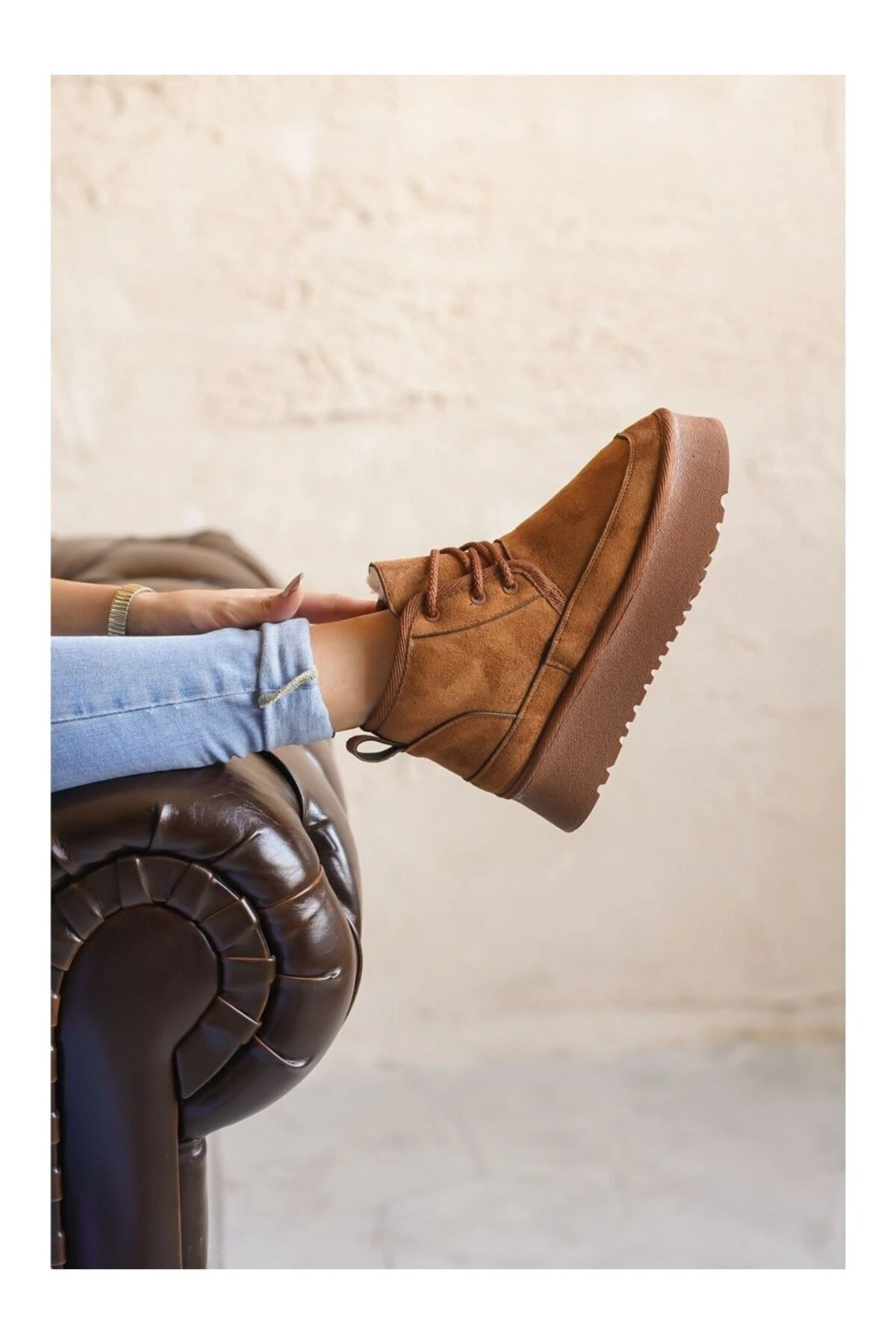 Kadın Kalın Taban Içi Kürklü Yarım Bot Bağcıklı Tefis Süet