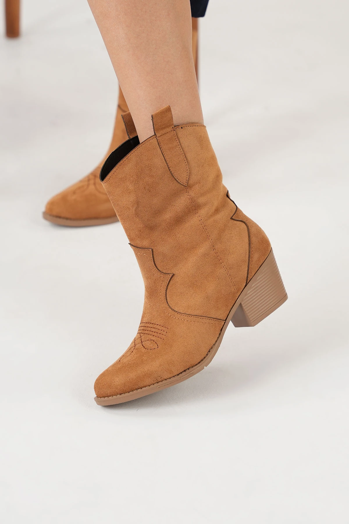 Bej Süet Kadın Kısa Kovboy Kanvas Western Bot