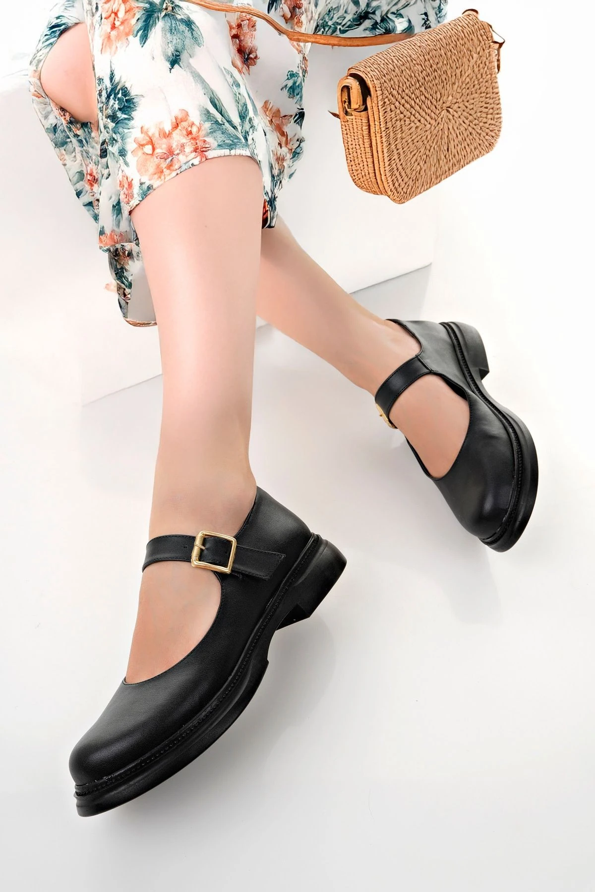 Mary Jane Mokosen Loafer Babet Günlük Rahat Hafif Trend Kemerli Babet Ayakkabı - Siyah