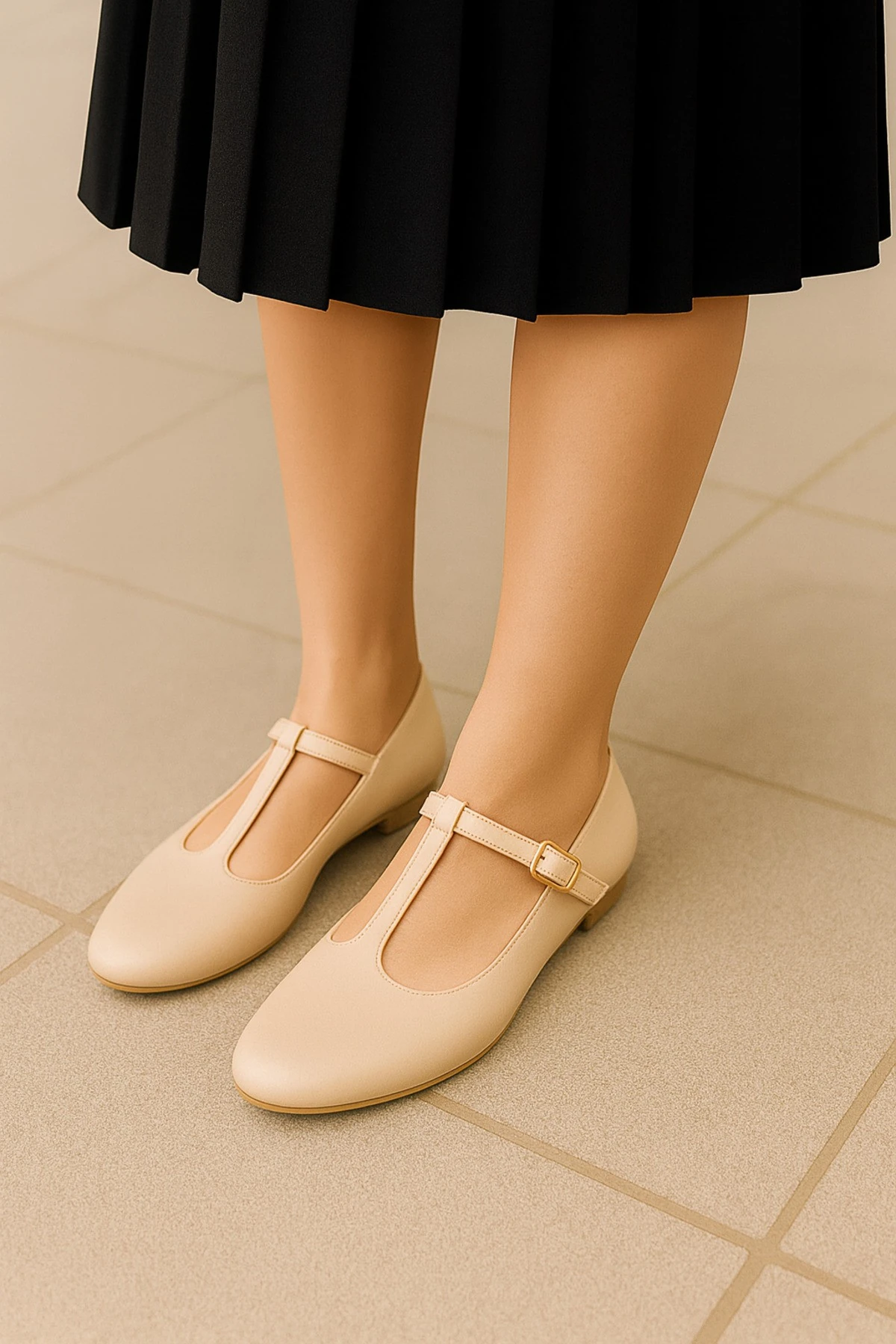 Siyah Süet T-Strap Mary Jane Tasarım Babet - Bej Rugan