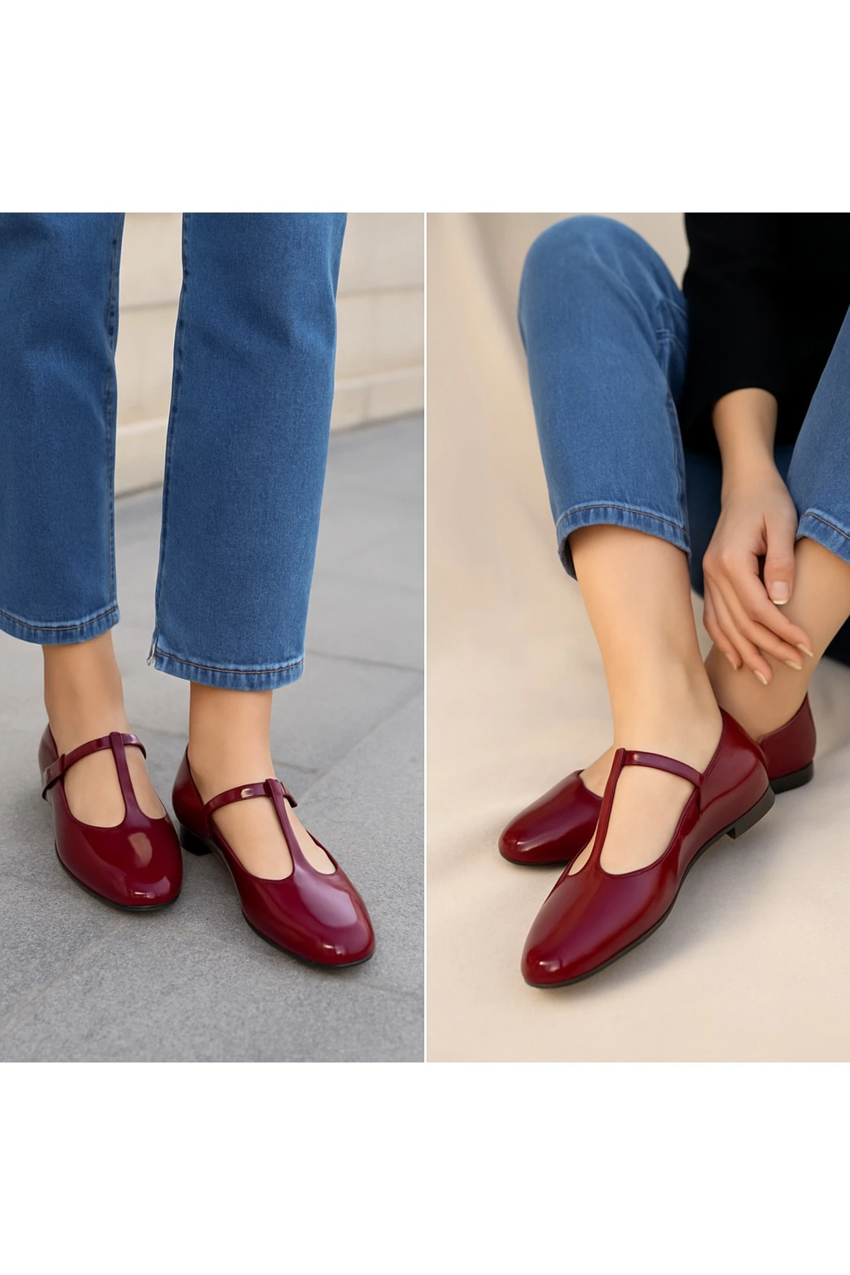 Siyah Süet T-Strap Mary Jane Tasarım Babet - BORDO