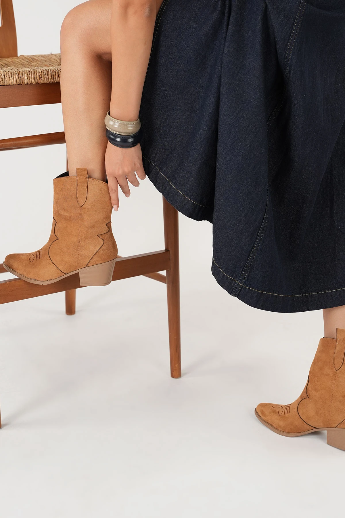 Bej Süet Kadın Kısa Kovboy Kanvas Western Bot