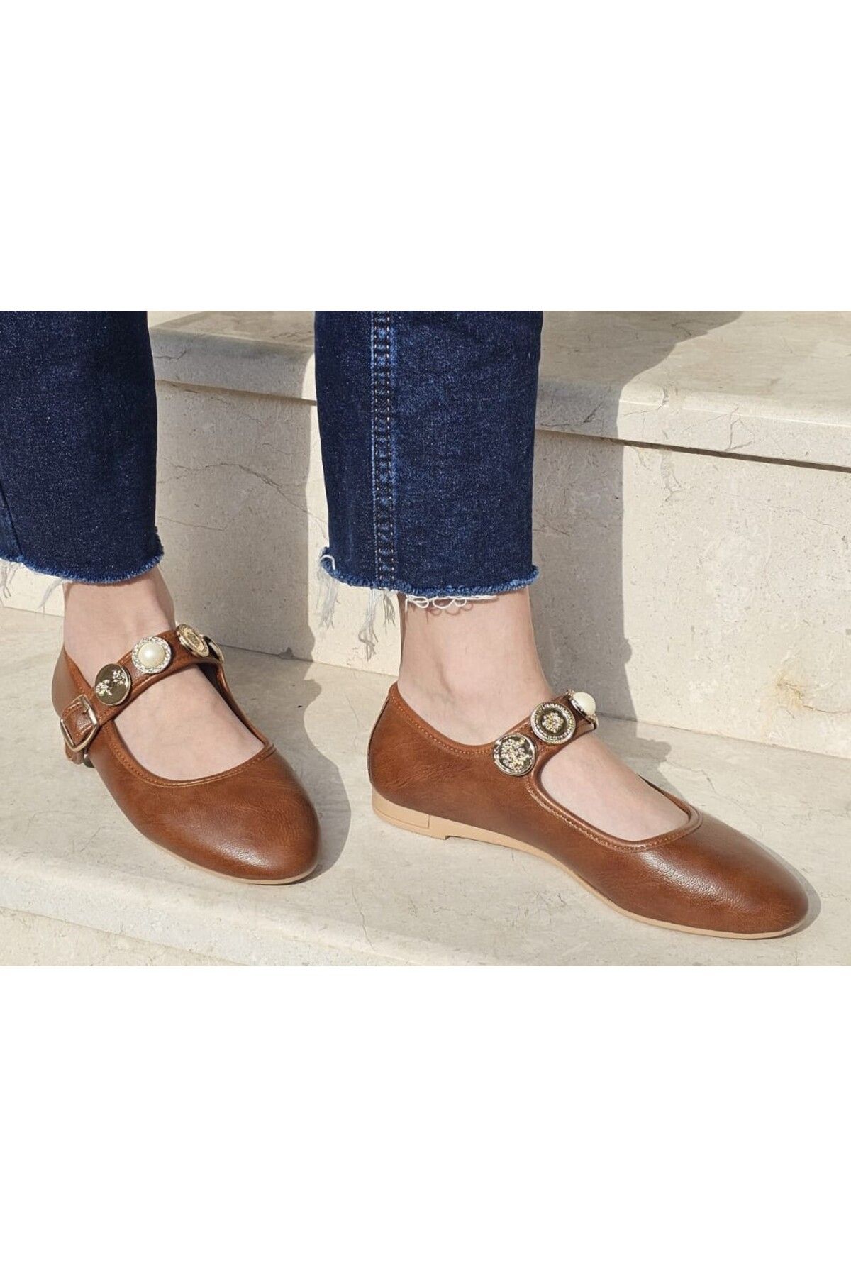 İnci Taşlı Mary Jane Yuvarlak Burun Günlük Trend Rahat Babet