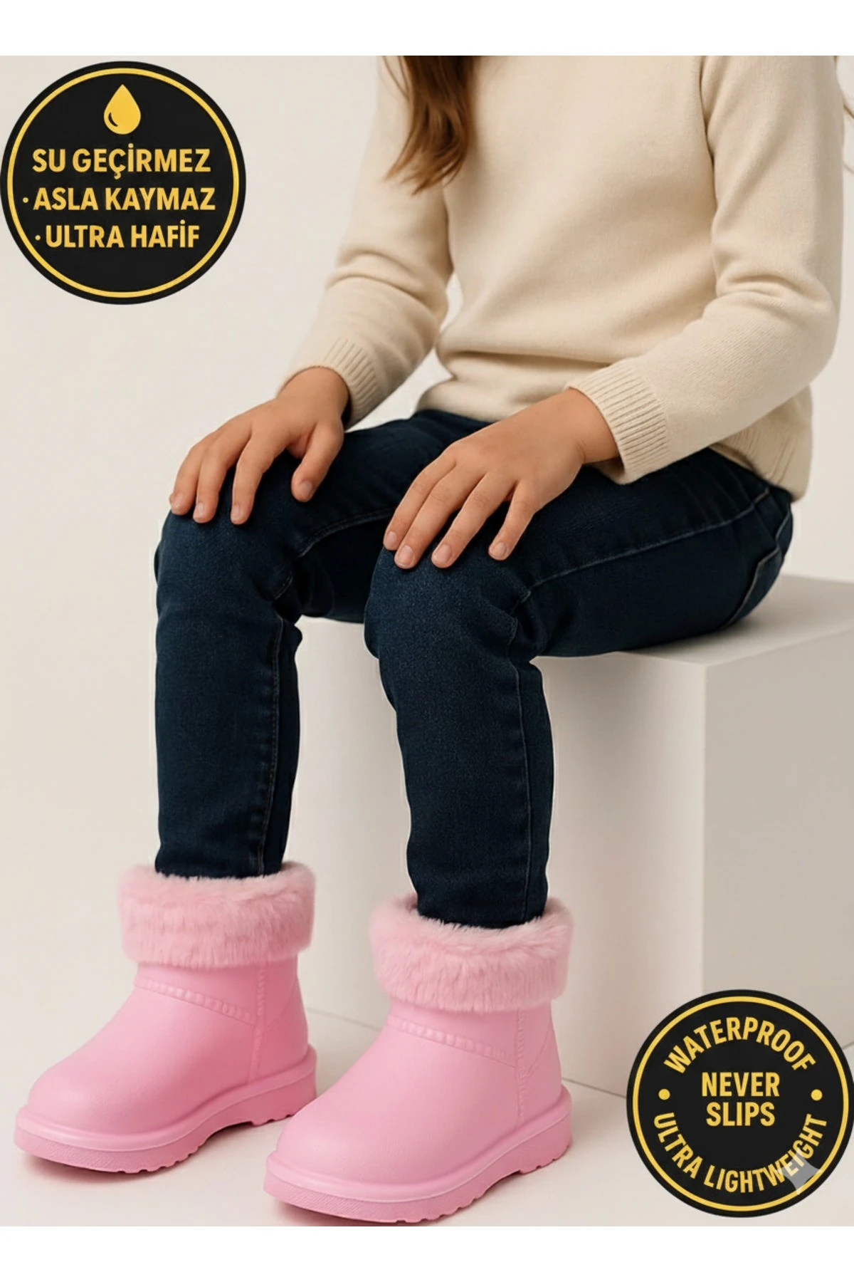 Çocuk Kışlık Kar Yağmur Botu– Su Geçirmez, Peluş Astarlı, EVA W10290-225 Tokio Borreguito Modeli - pembe