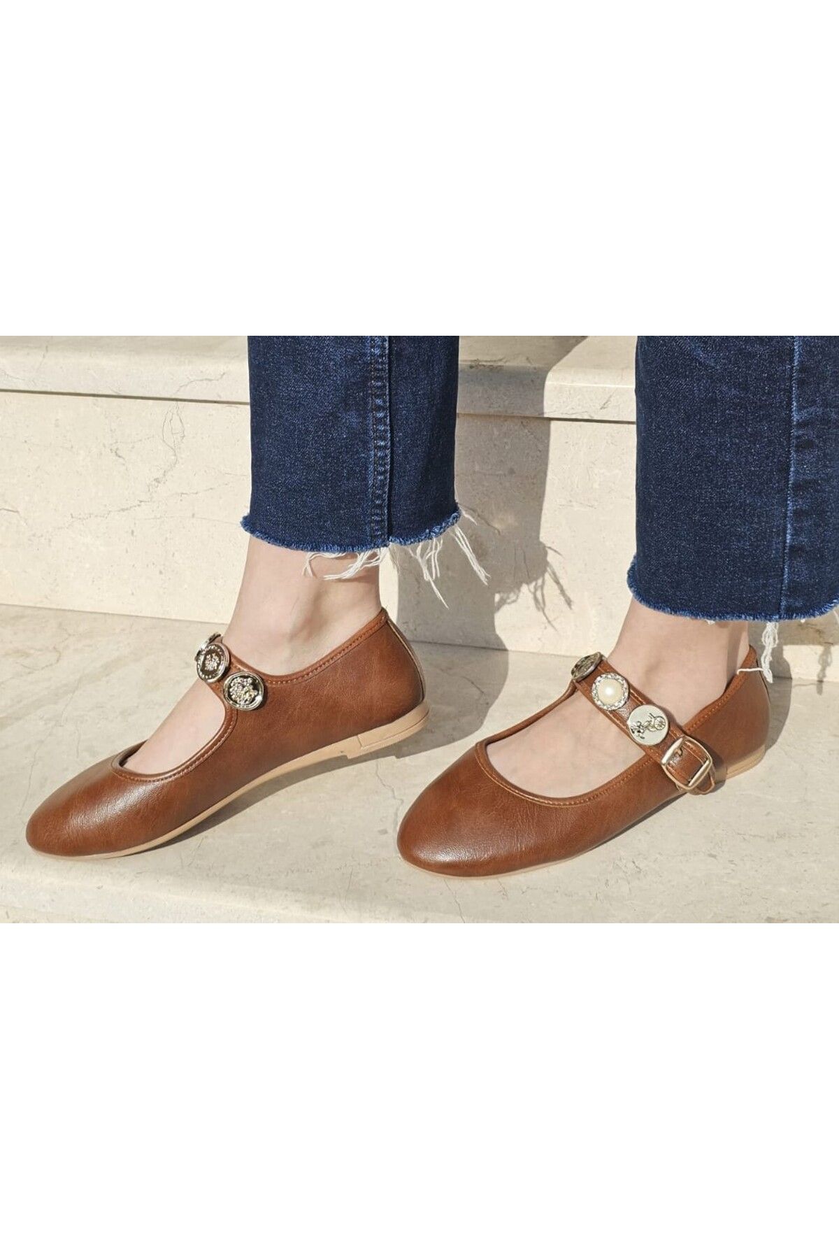 İnci Taşlı Mary Jane Yuvarlak Burun Günlük Trend Rahat Babet
