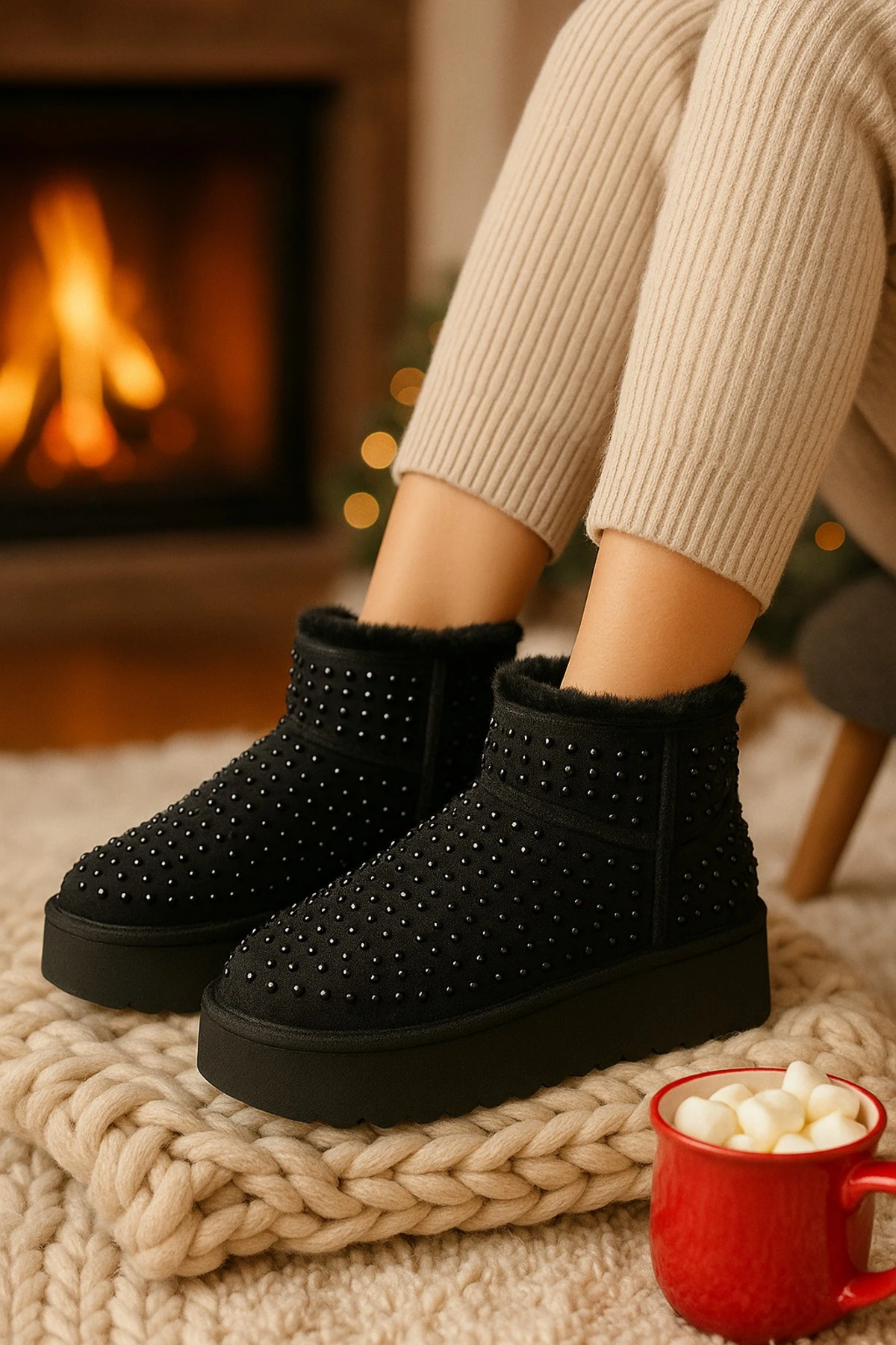 Siyah Taşlı İçi Tüylü Kürklü Peluş Kadın Platform Bot Mını Dıpper 1168170