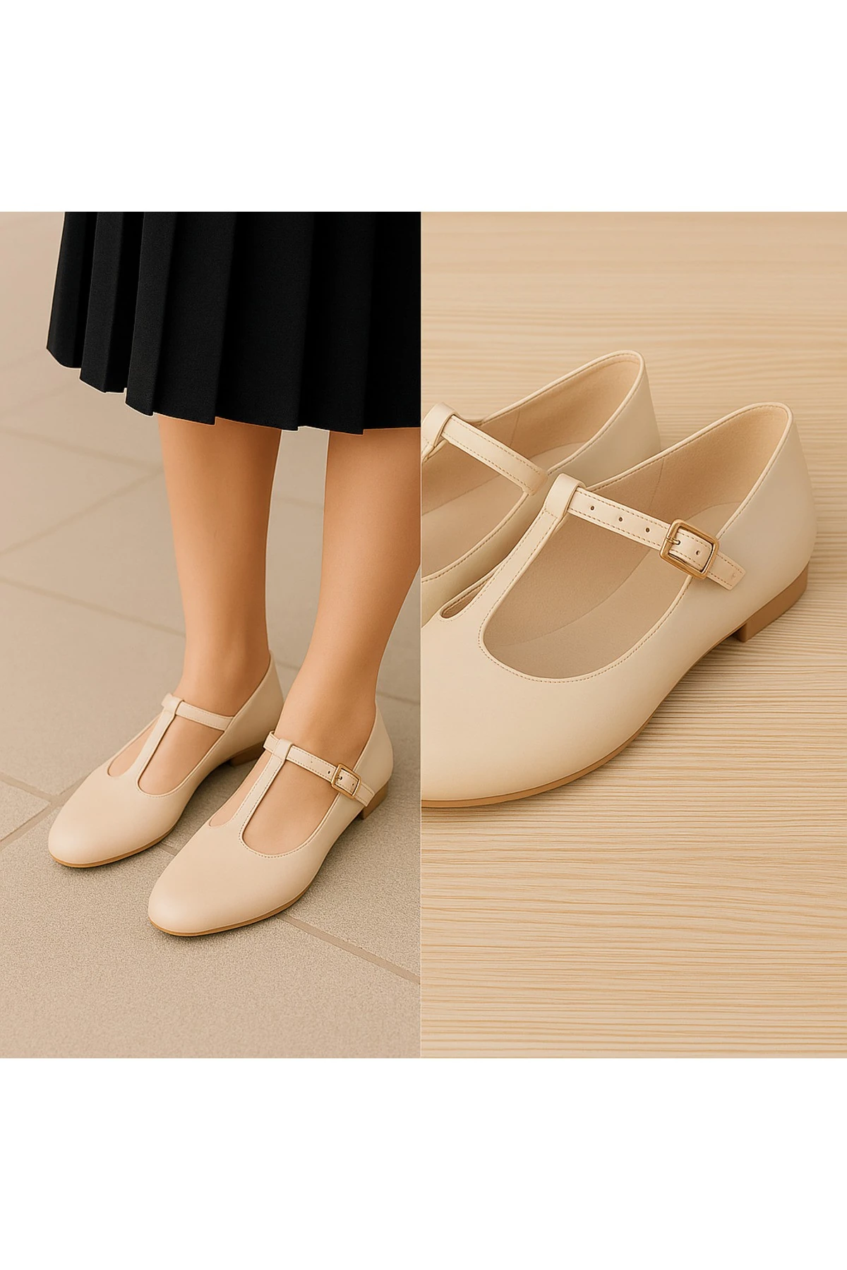 Siyah Süet T-Strap Mary Jane Tasarım Babet