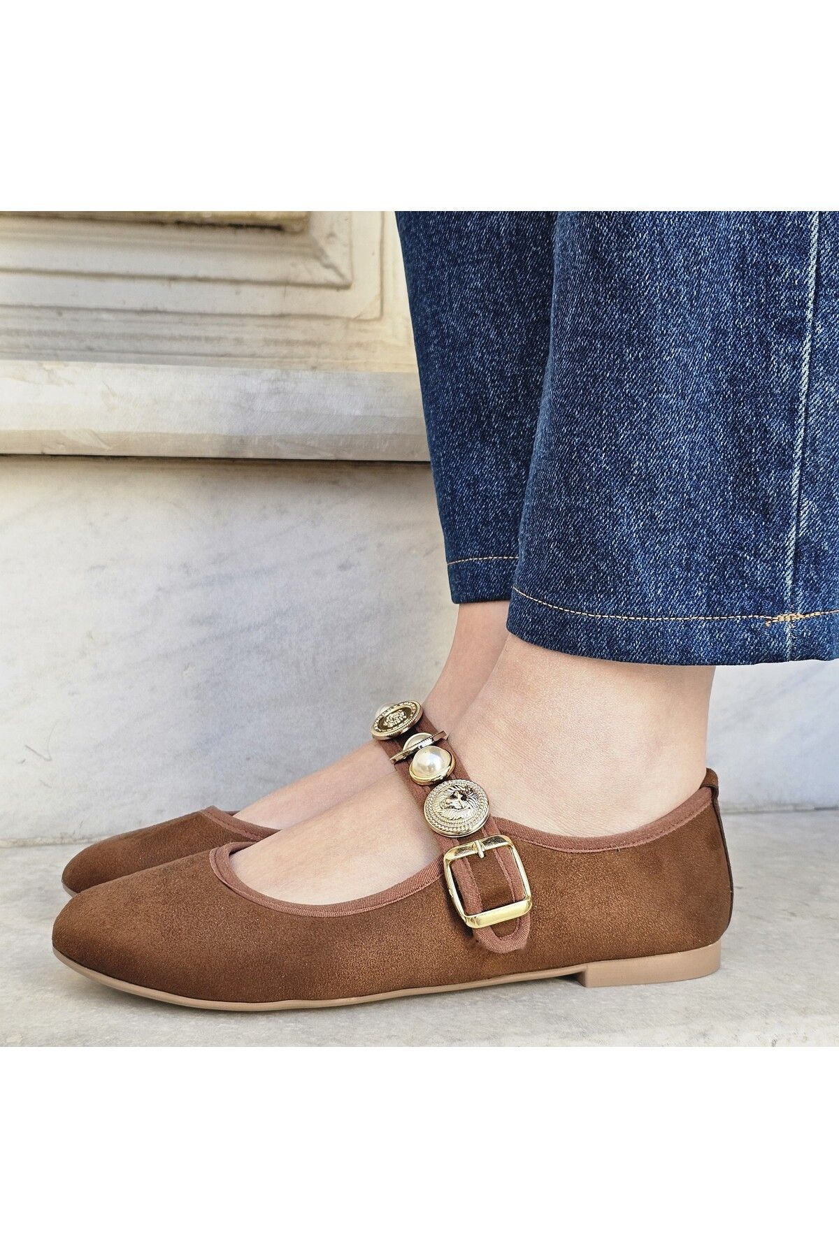 İnci Taşlı Mary Jane Yuvarlak Burun Günlük Trend Rahat Babet - Taba-Tarçın