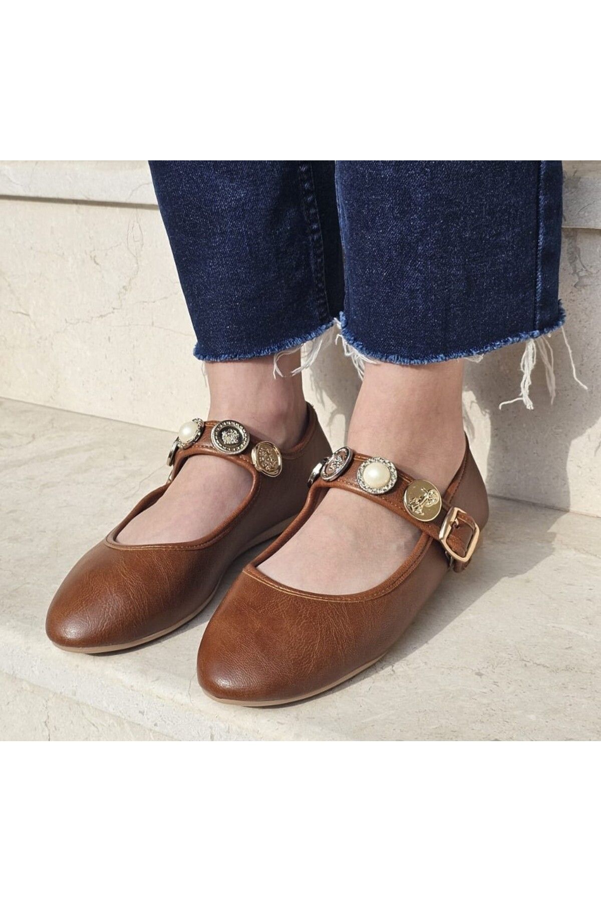 İnci Taşlı Mary Jane Yuvarlak Burun Günlük Trend Rahat Babet