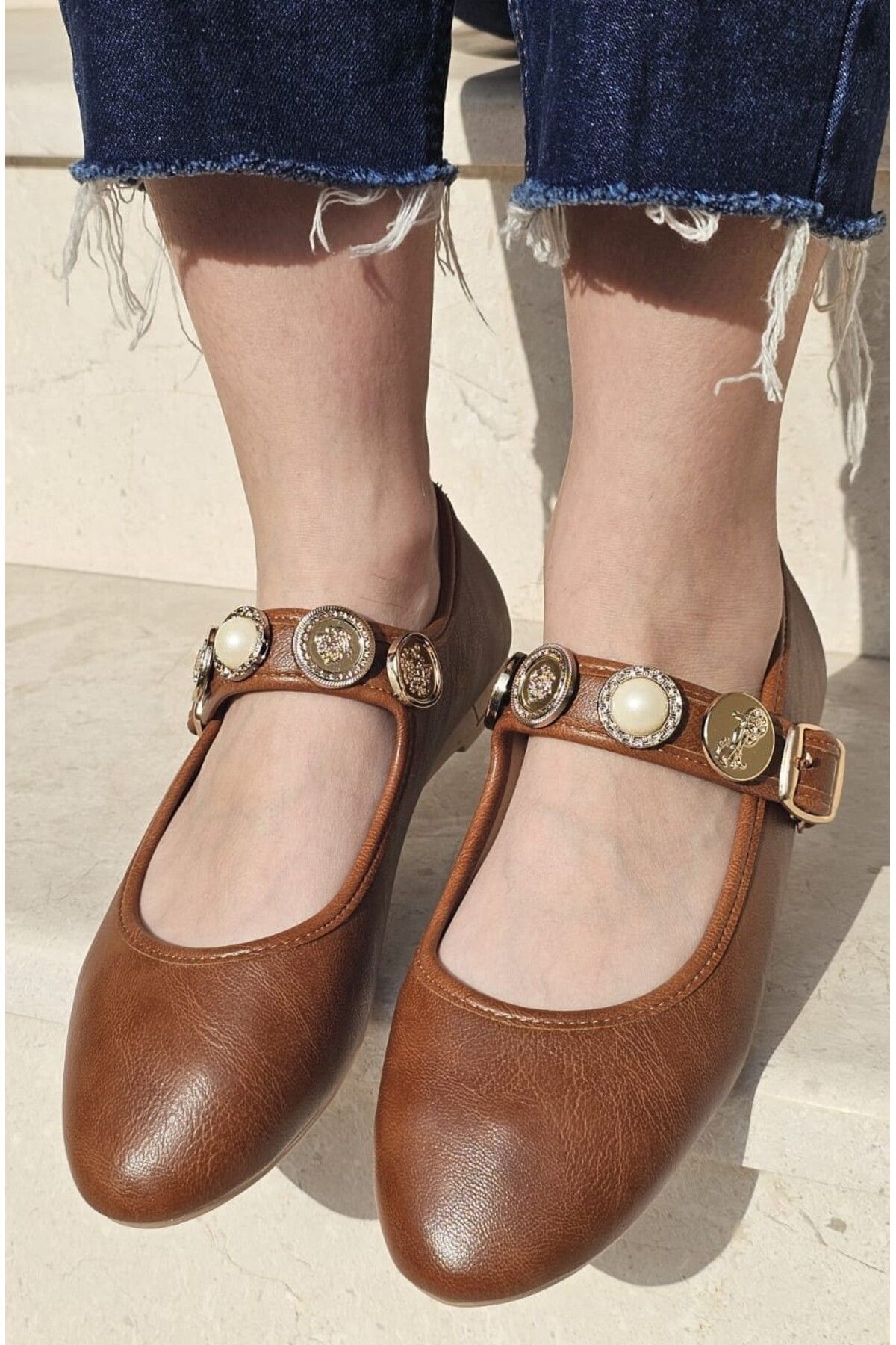 İnci Taşlı Mary Jane Yuvarlak Burun Günlük Trend Rahat Babet