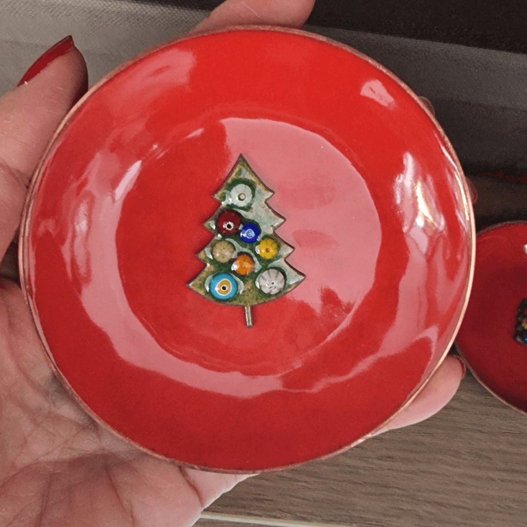 Çam Ağacı Desenli Murano Cam İşlemeli Mine Bakır Kase Seti