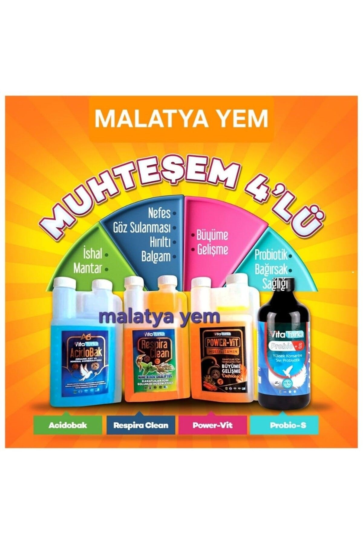4'lü Kanatlı Bakım Seti – Hırıltı, İshal, Probiyotik ve Vitamin Takviyesi (4x500 mL)