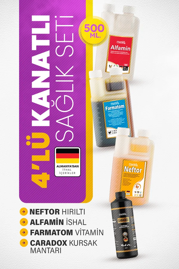 Munich Vet 4’lü Kanatlı Bakım Seti | Neftor, Alfamin, Farmatom, Caradox 500 Ml