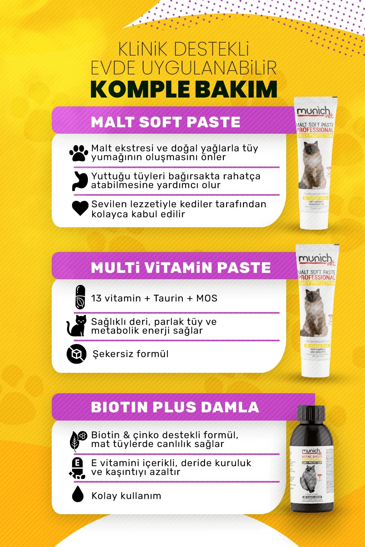 3'lü Kedi Bakım Seti Multi Vitamin Macunu 100 gr Kedi Maltı 100 gr Kedi Biotine