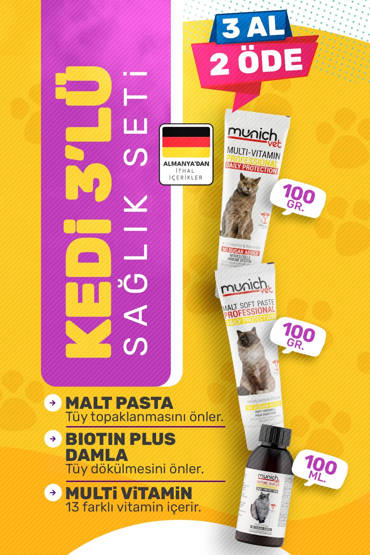 3'lü Kedi Bakım Seti Multi Vitamin Macunu 100 gr Kedi Maltı 100 gr Kedi Biotine