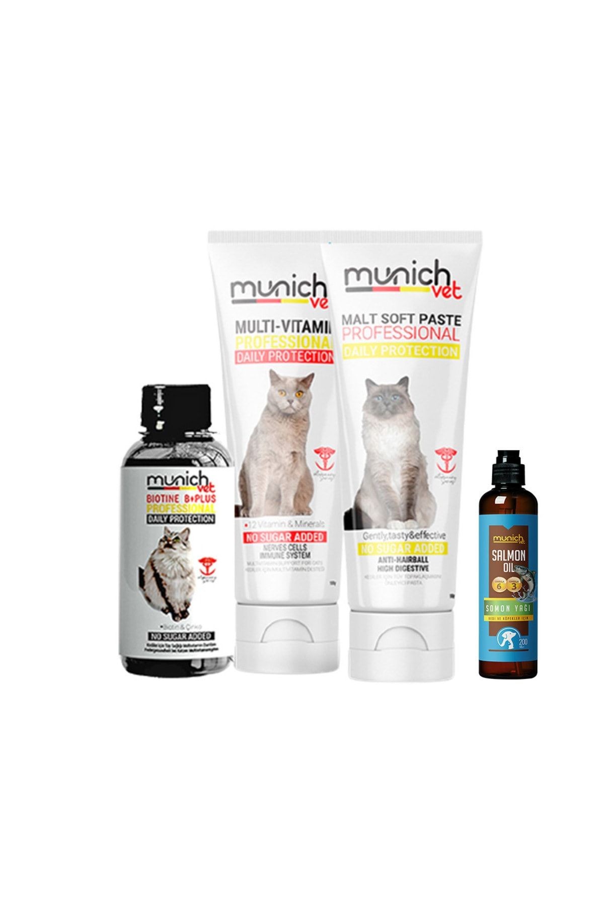 4'Lü Kedi Bakım Seti - Tüy Sağlığı Damlası + Malt Pasta + Multi Vitamin Pasta + Somon Yağı