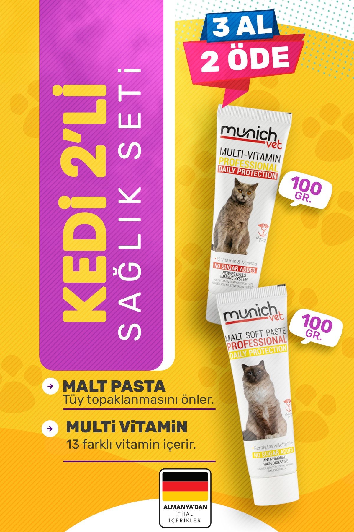 2'li Set Multi Vitamin Paste 100 gr Malt Paste Tüy Yumağı Önleyici 100 gr (MEMNUNİYET GARANTİLİ)