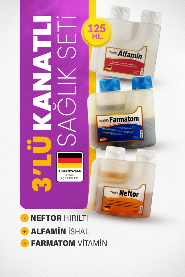 3lü Set Kuşlar Için Farmatom Vitamin Alfamin Ishal Neftor Hırıltı Seti (125 ML)