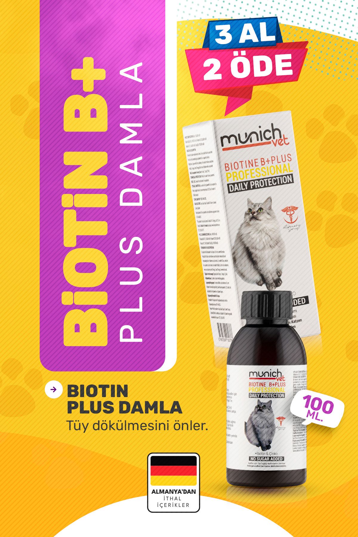 Kedi Tüy Damlası Biotine Plus 100 ml | Tüy Dökülmesini Önleyen Vitamin Desteği