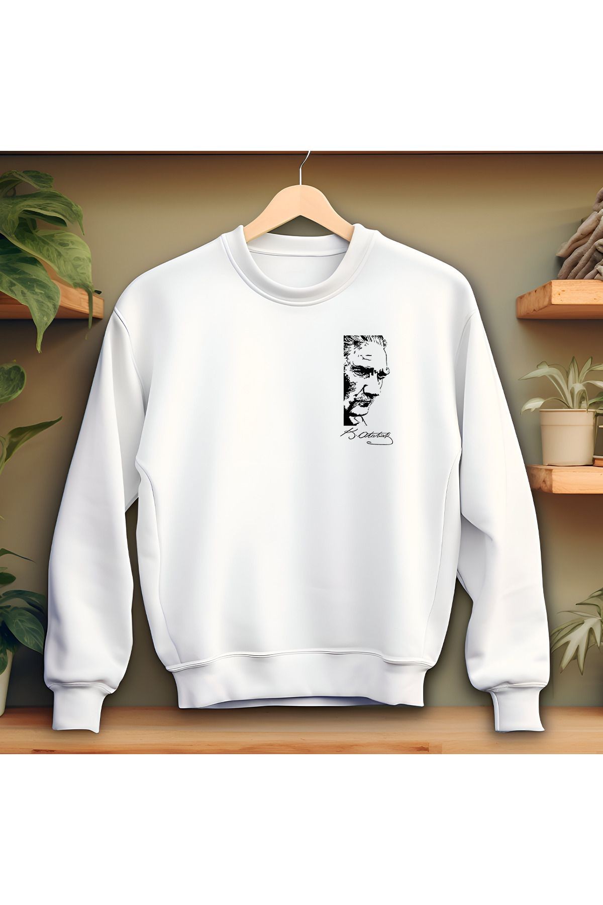 Atatürk Baskılı Beyaz Bisiklet Yaka Sweatshirt Kalın Kumaş 3 İplik