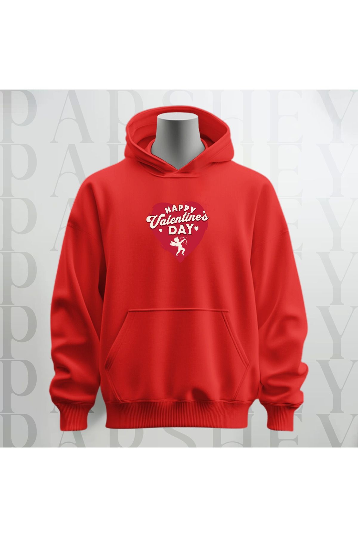 Happy Valentine's Day Kalp Desenli Kapüşonlu Oversize Sweatshirt Hoodie Kalın Kumaş 3 İplik Şardonlu