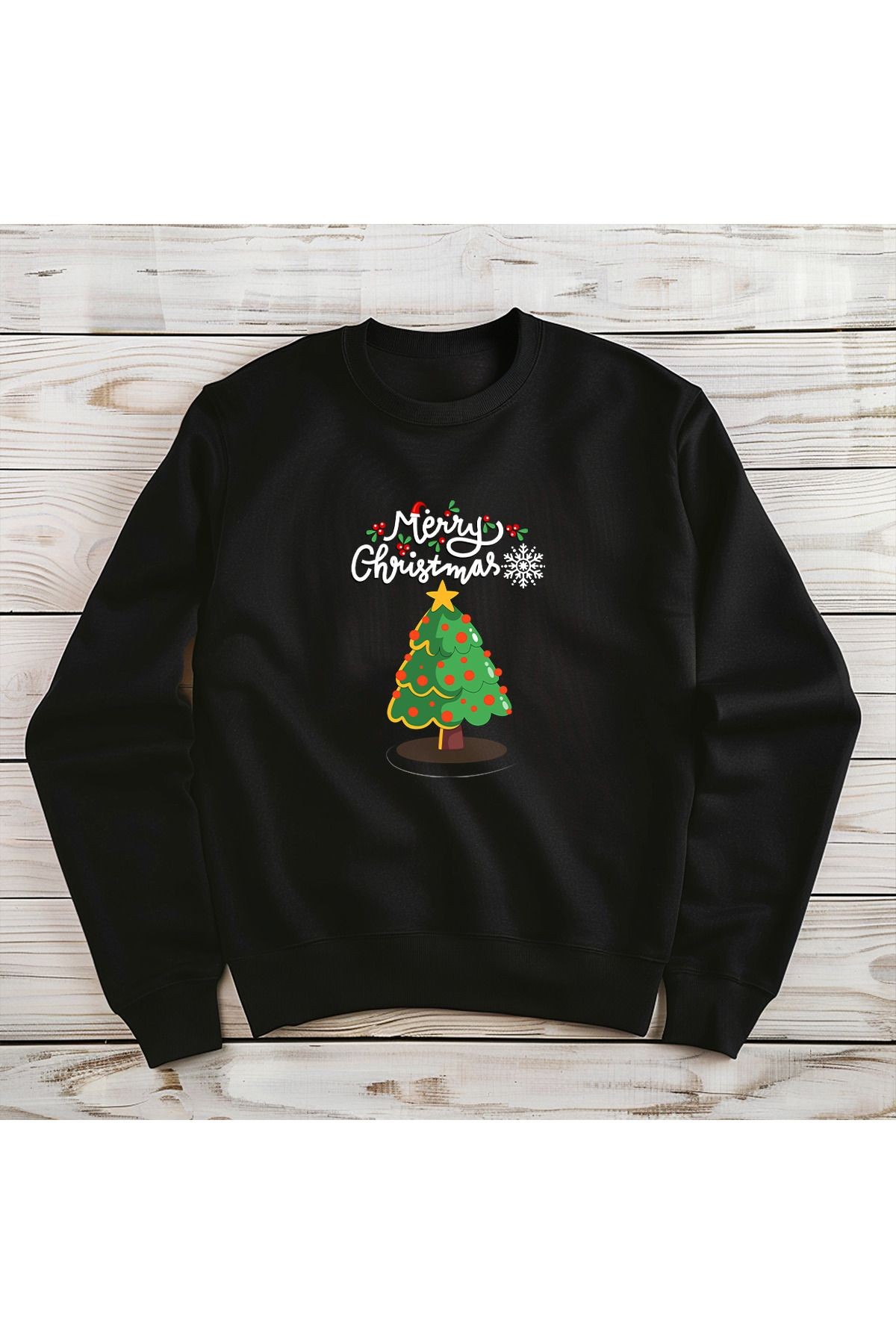 Merry Christmas Çam Ağacı Baskılı Siyah Bisiklet Yaka Sweatshirt Kalın Kumaş 3 İplik