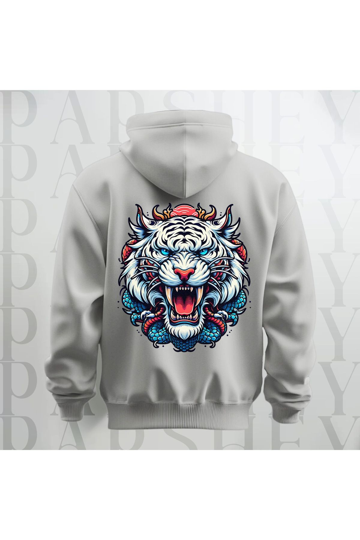 Tiger Büyük Sırt Baskılı Kapüşonlu Unisex Sweatshirt Hoodie Kalın Kumaş 3 İplik Şardonlu