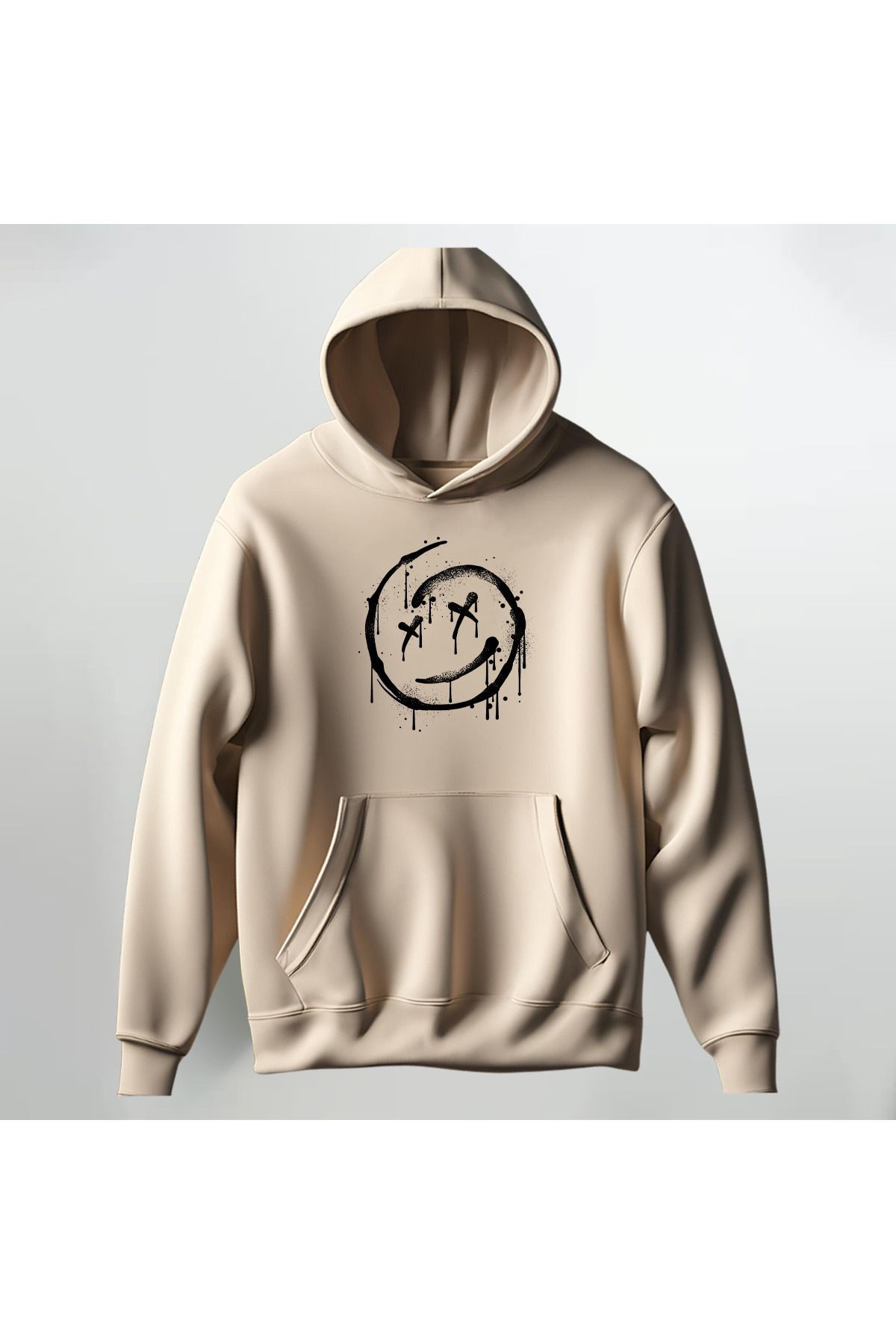 Gülen Surat Baskılı Kapüşonlu Sweatshirt Hoodie Kalın Kumaş 3 İplik Şardonlu