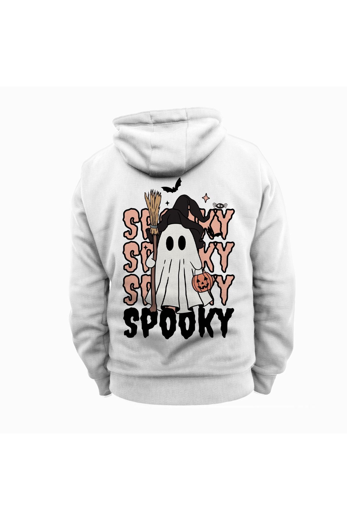 Halloween Spooky Baskılı Beyaz Kapüşonlu Sweatshirt Hoodie Kalın Kumaş 3 İplik Şardonlu