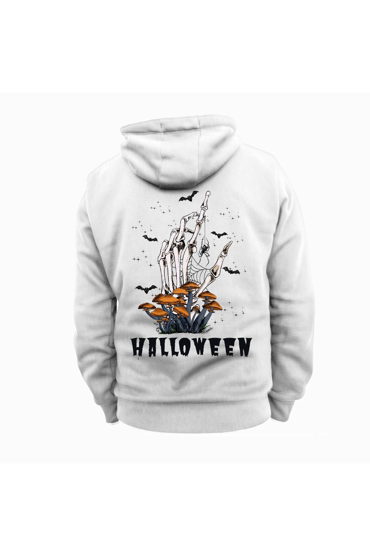 Halloween Baskılı Beyaz Kapüşonlu Sweatshirt Hoodie Kalın Kumaş 3 İplik Şardonlu