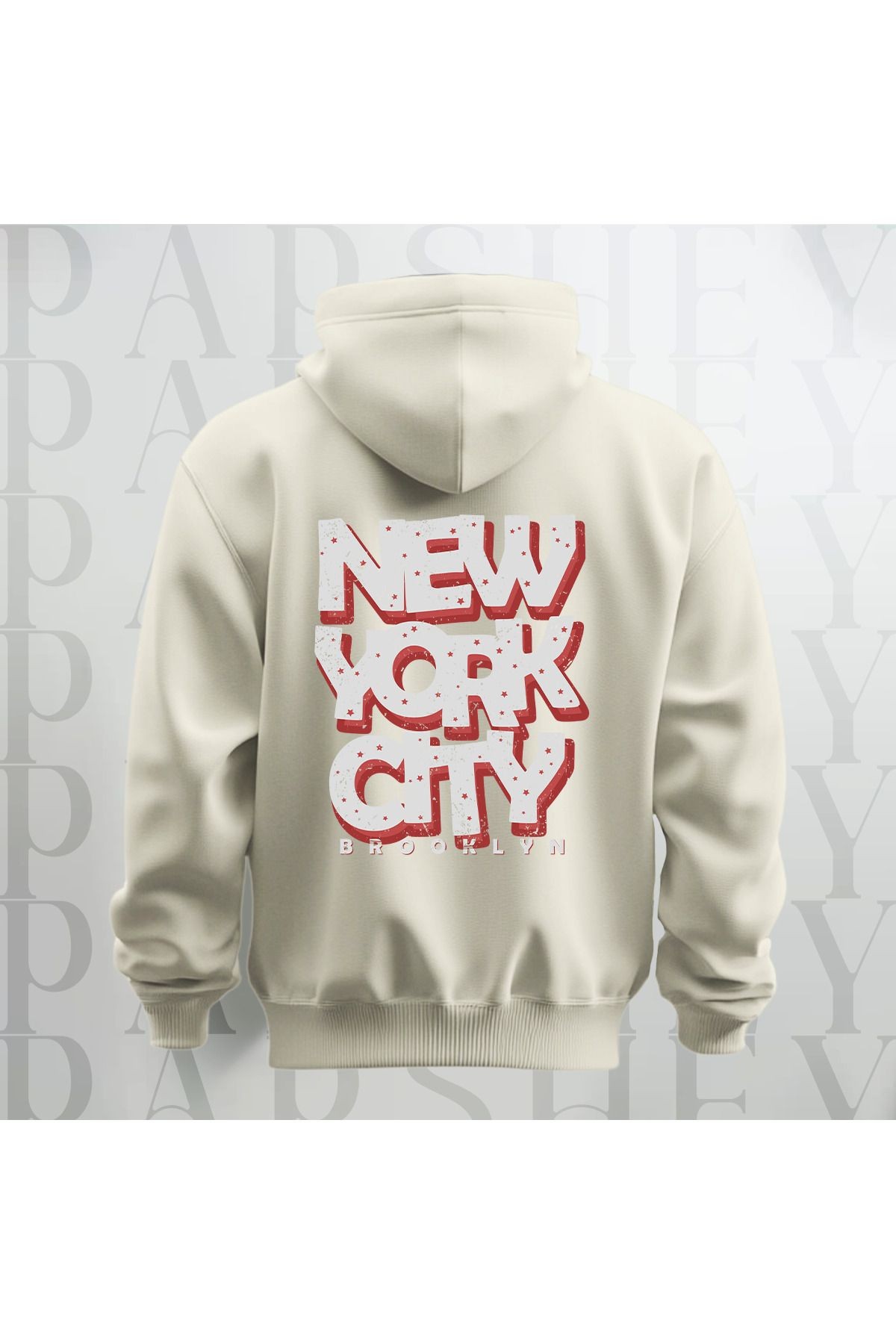 NYC Brooklyn Baskılı Kapüşonlu Sweatshirt Hoodie Yünlü Kalın Kumaş 3 İplik Şardonlu