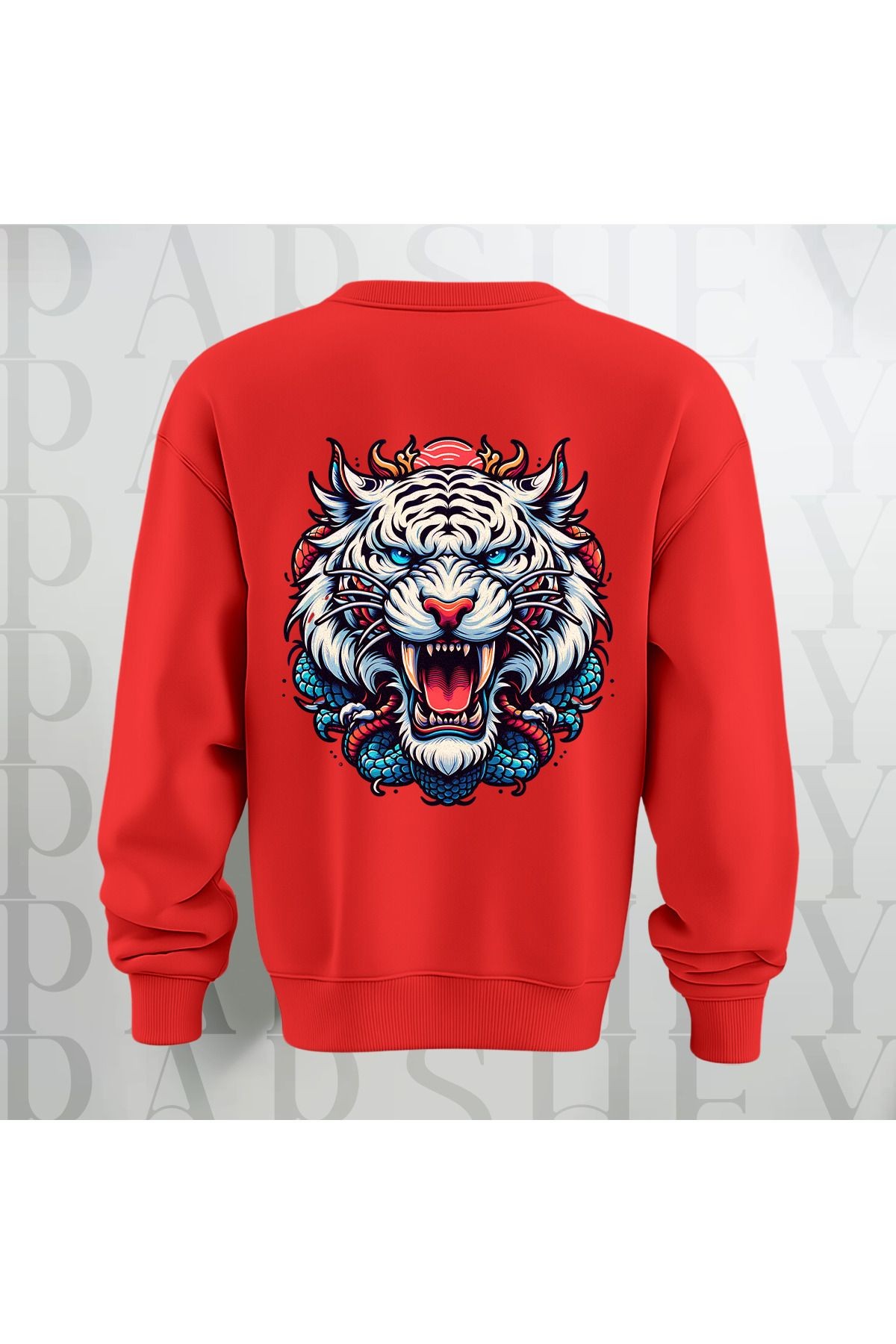 Tiger Baskılı Kalın Kumaş 3 İplik Şardonlu Oversize Unisex Bisiklet Yaka Sweatshirt