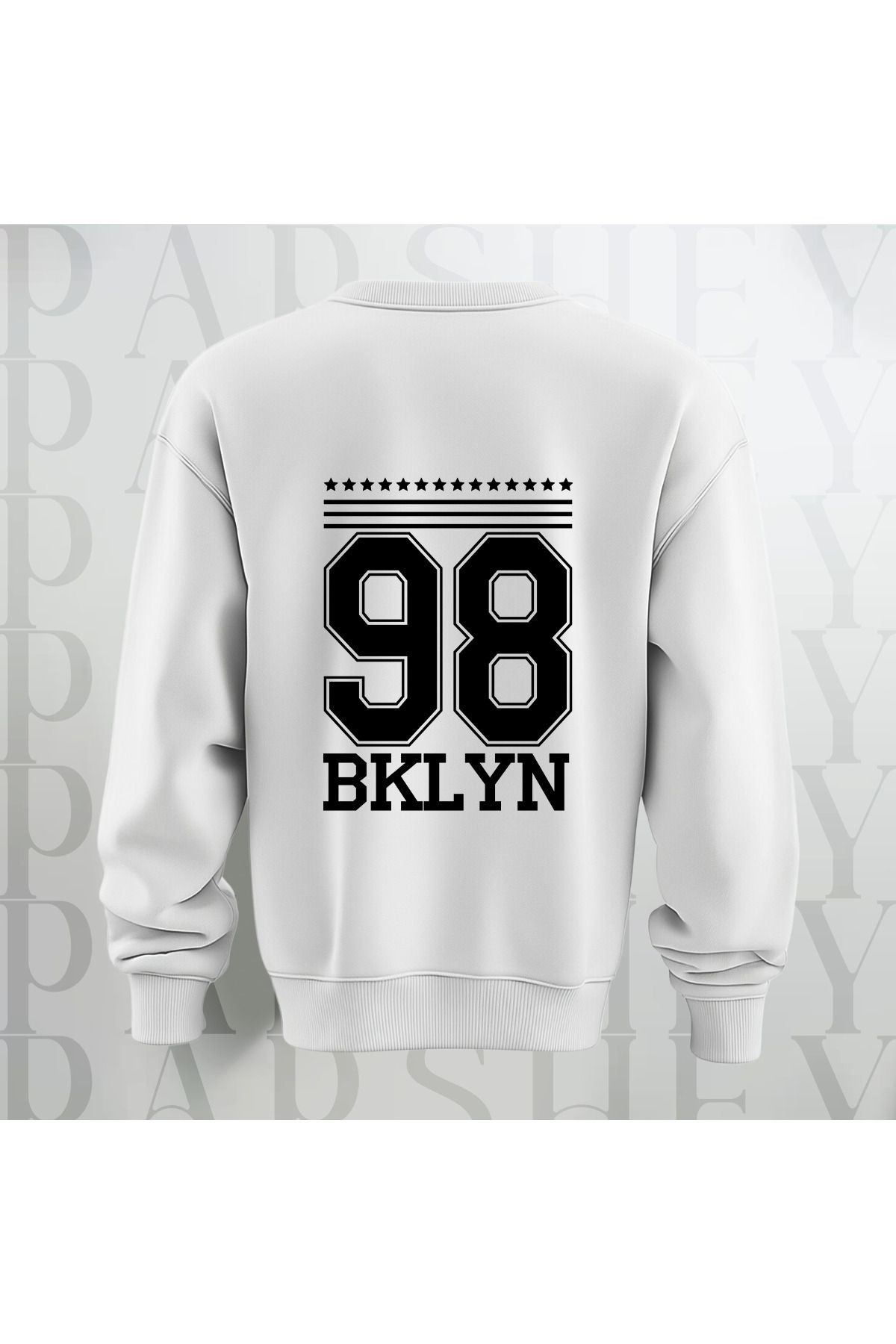 98 BKLYN Yazı Baskılı Unisex Bisiklet Yaka Sweatshirt Kalın Kumaş 3 İplik