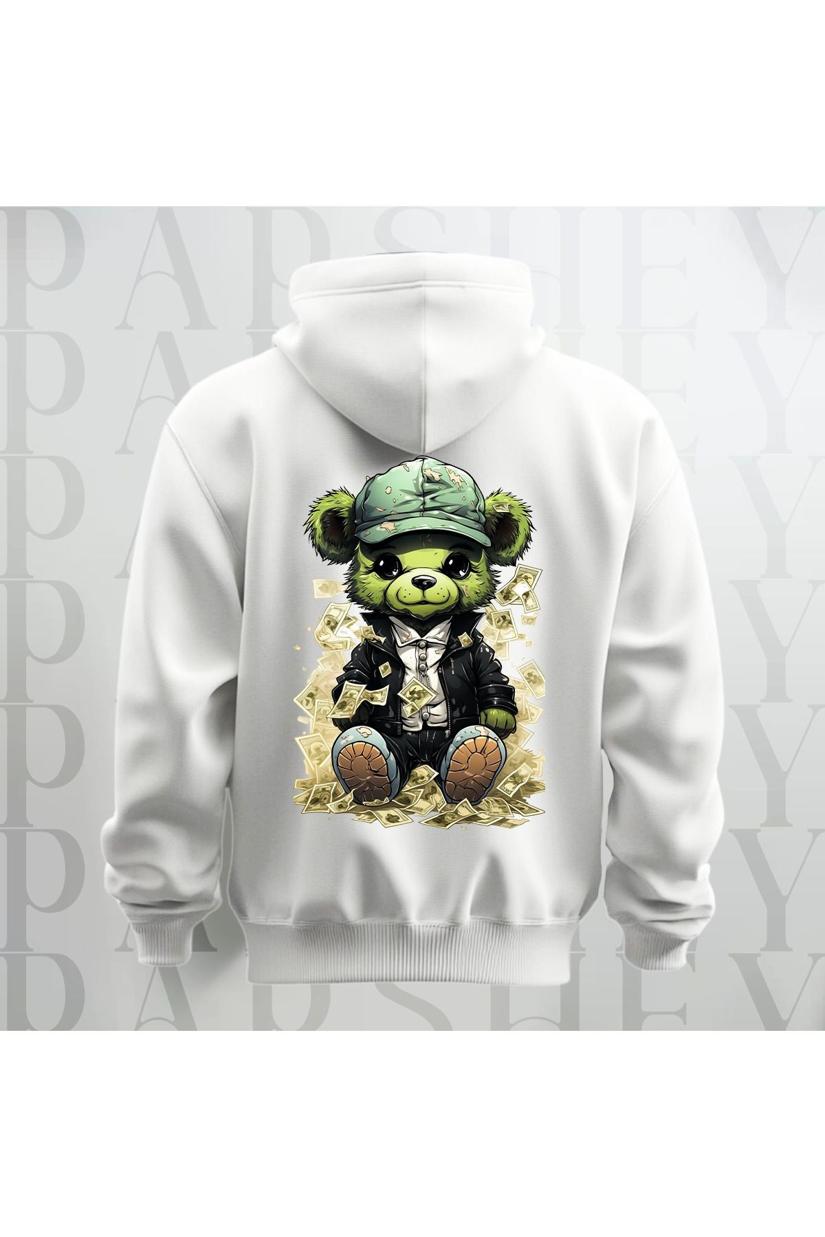 Paralı Teddy Sırt Baskılı Kapüşonlu Unisex Oversize Sweatshirt Hoodie Kalın Kumaş 3 İplik Şardonlu